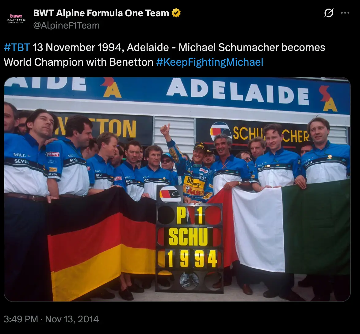 Michael Schumacher won the 1994 Drivers' Championship with Benetton (Image: Twitter)