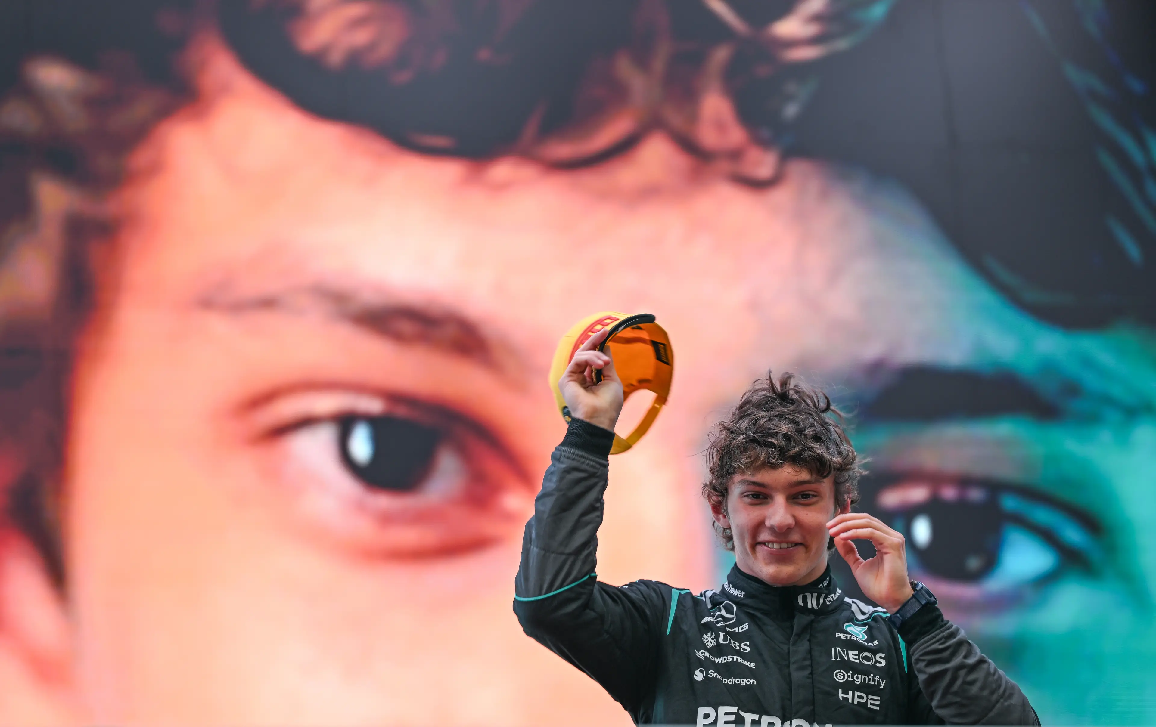 Kimi Antonelli during the Chinese Grand Prix podium ceremony. Image: Getty 