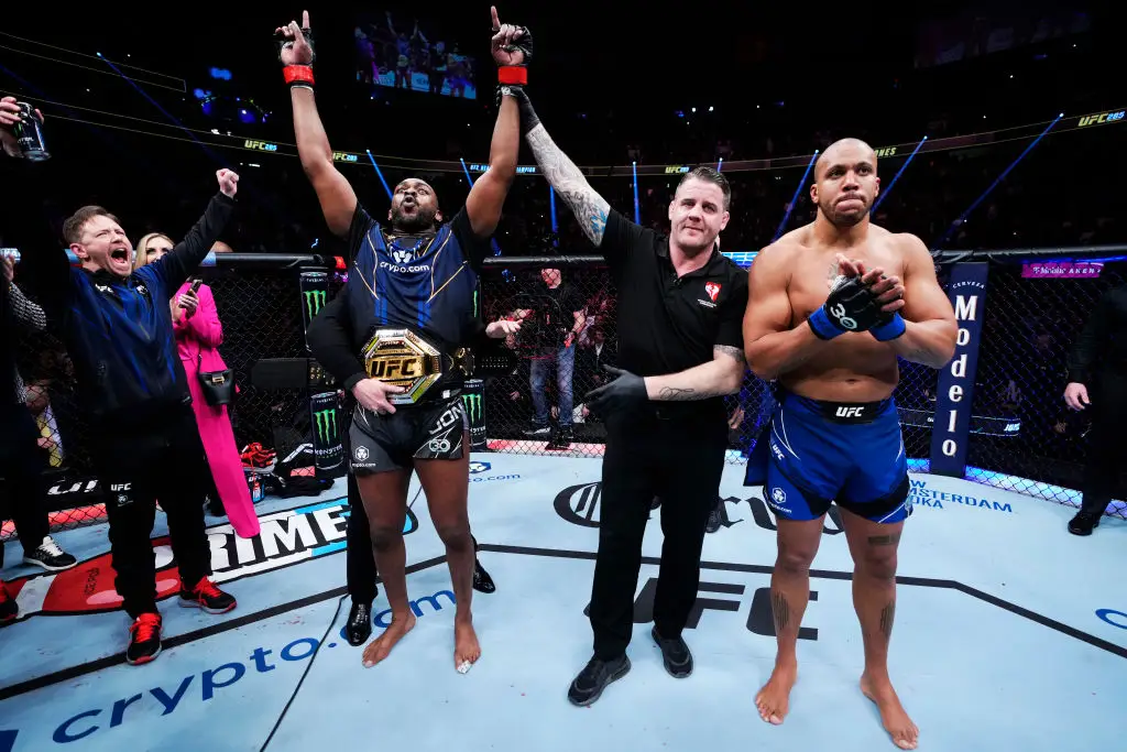 Jon Jones defeated Ciryl Gane by first round submission to win the UFC heavyweight belt in March 2023. (Image: Getty)