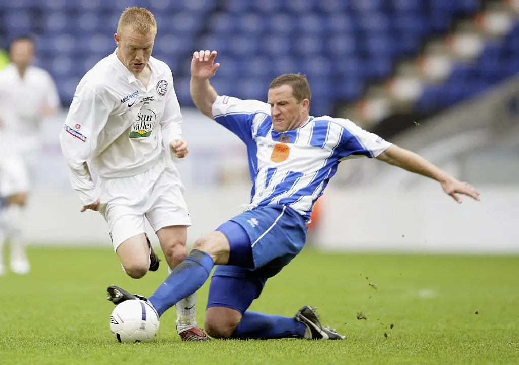 Andy Ferrell (left) pictured in action for Hereford United during their 2006 Conference play-off final against Halifax Town. Both clubs no longer exist under their former guises (Image: Getty)
