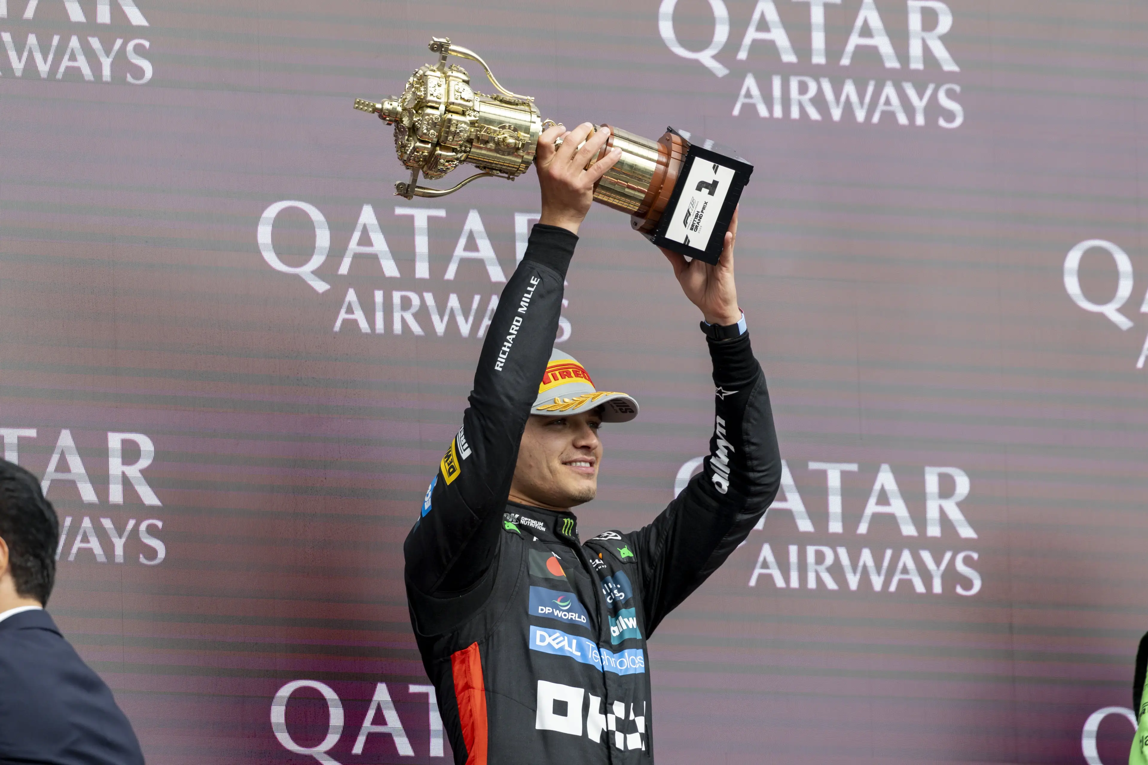 Lando Norris celebrates his British grand prix win / Photo by Bob Kupbens/Icon Sportswire via Getty Images