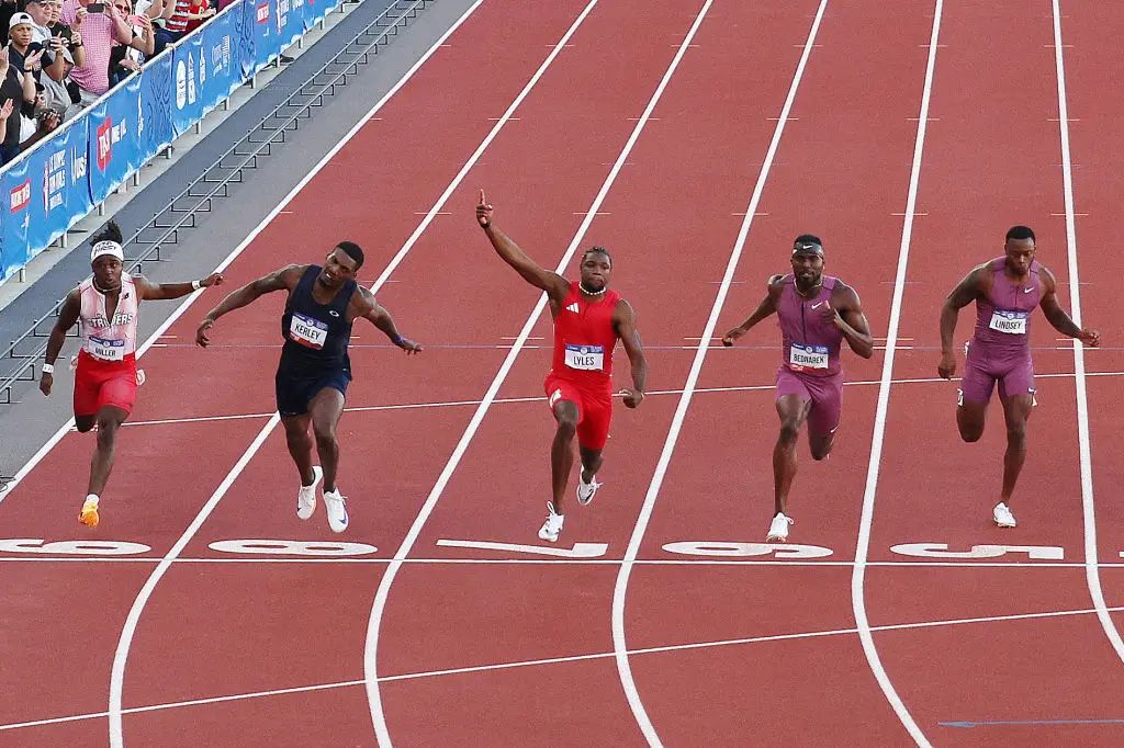 Noah Lyles won the 100m final in the US Olympic Team Trials for Paris 2024 ahead of Kenny Bednarek and Fred Kerley (Image: Getty)