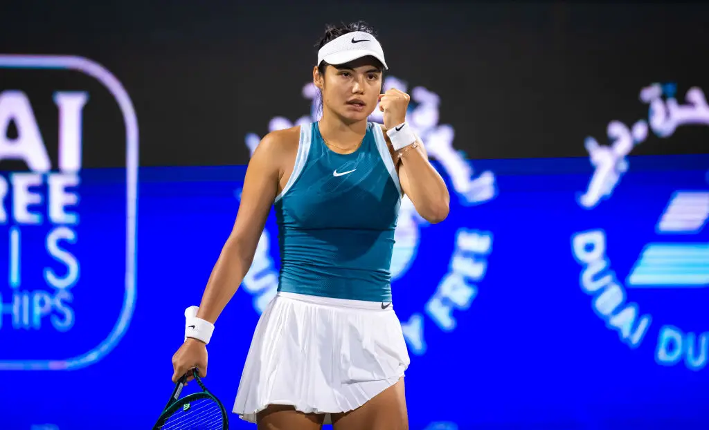 Emma Raducanu ended her four match losing streak with a dominant victory over Greece's Maria Sakkari in the first round of the Dubai Tennis Championships. (Image: Getty)