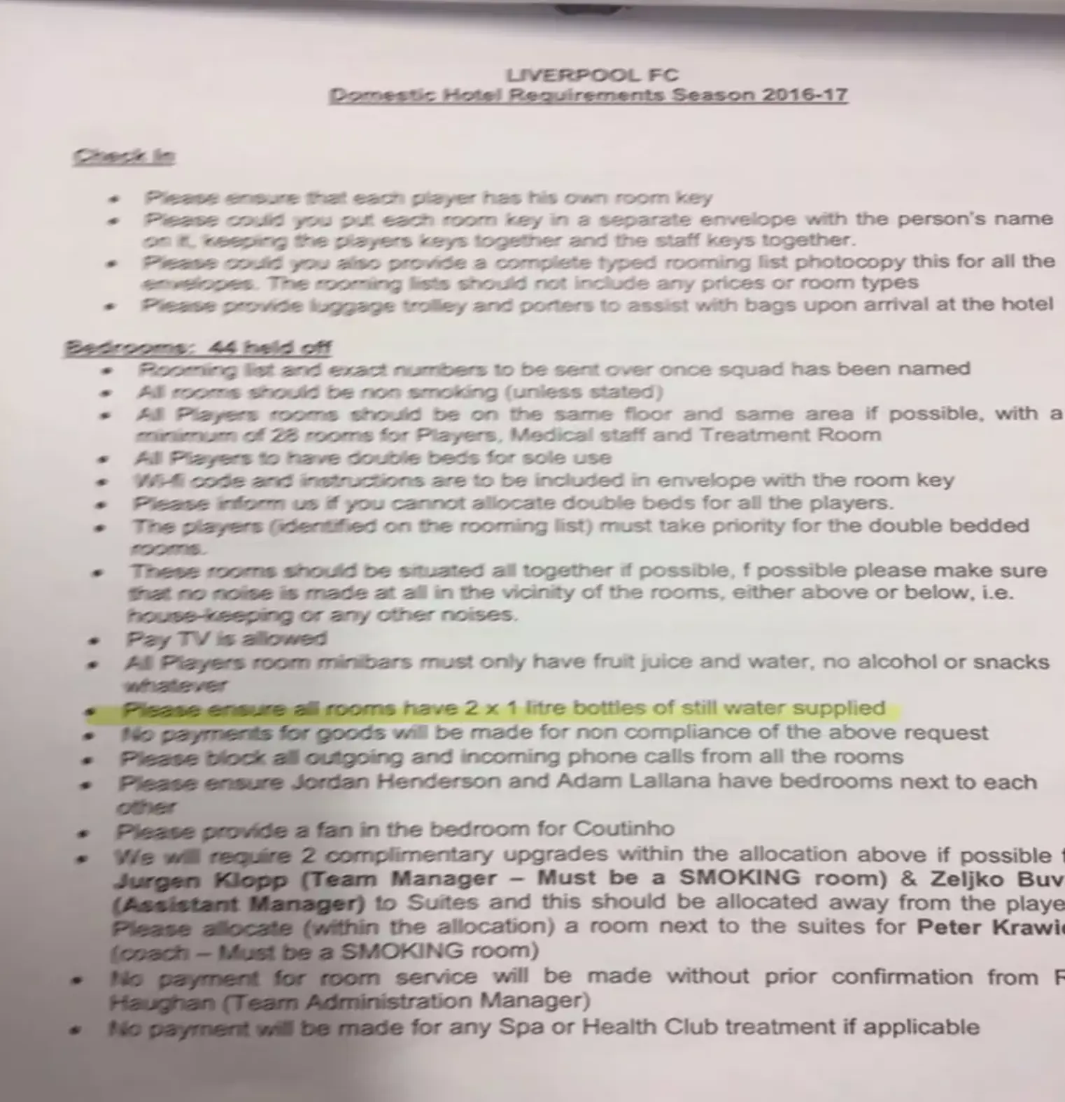 Liverpool's hotel demands. Image: The Daily Star