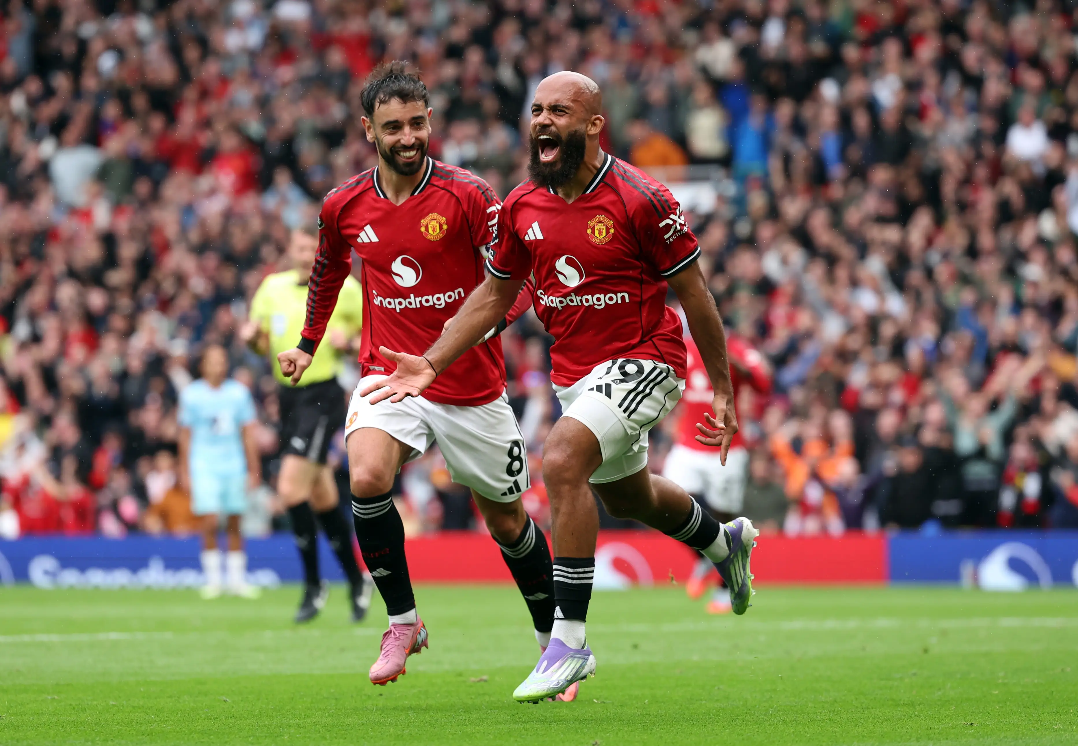 Bryan Mbeumo and Bruno Fernandes. Image: Matt McNulty / Stringer via Getty