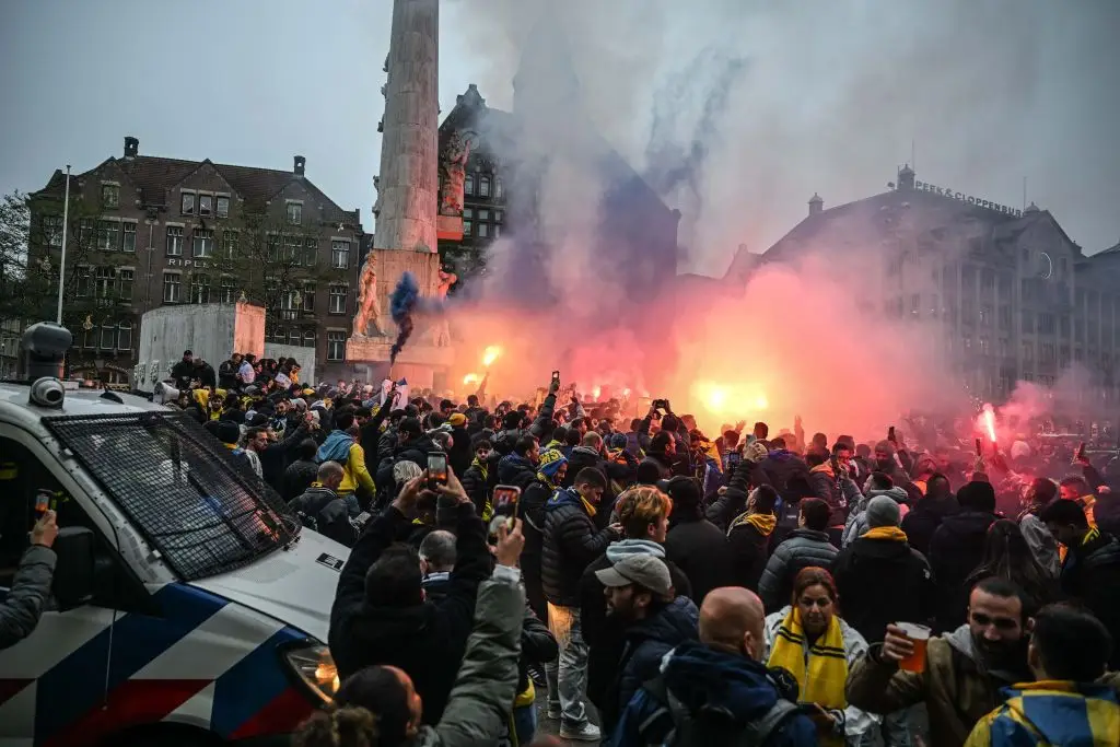 Protests took place during the Europa League clash between Ajax and Maccabi Tel Aviv last season. (Image: Mouneb Taim/Anadolu via Getty Images)