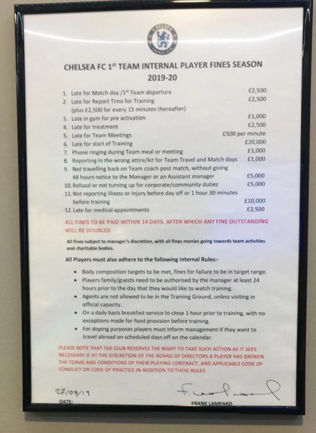 Chelsea's fine list when Lampard was manager. Image: @FrankKhalidUK/X