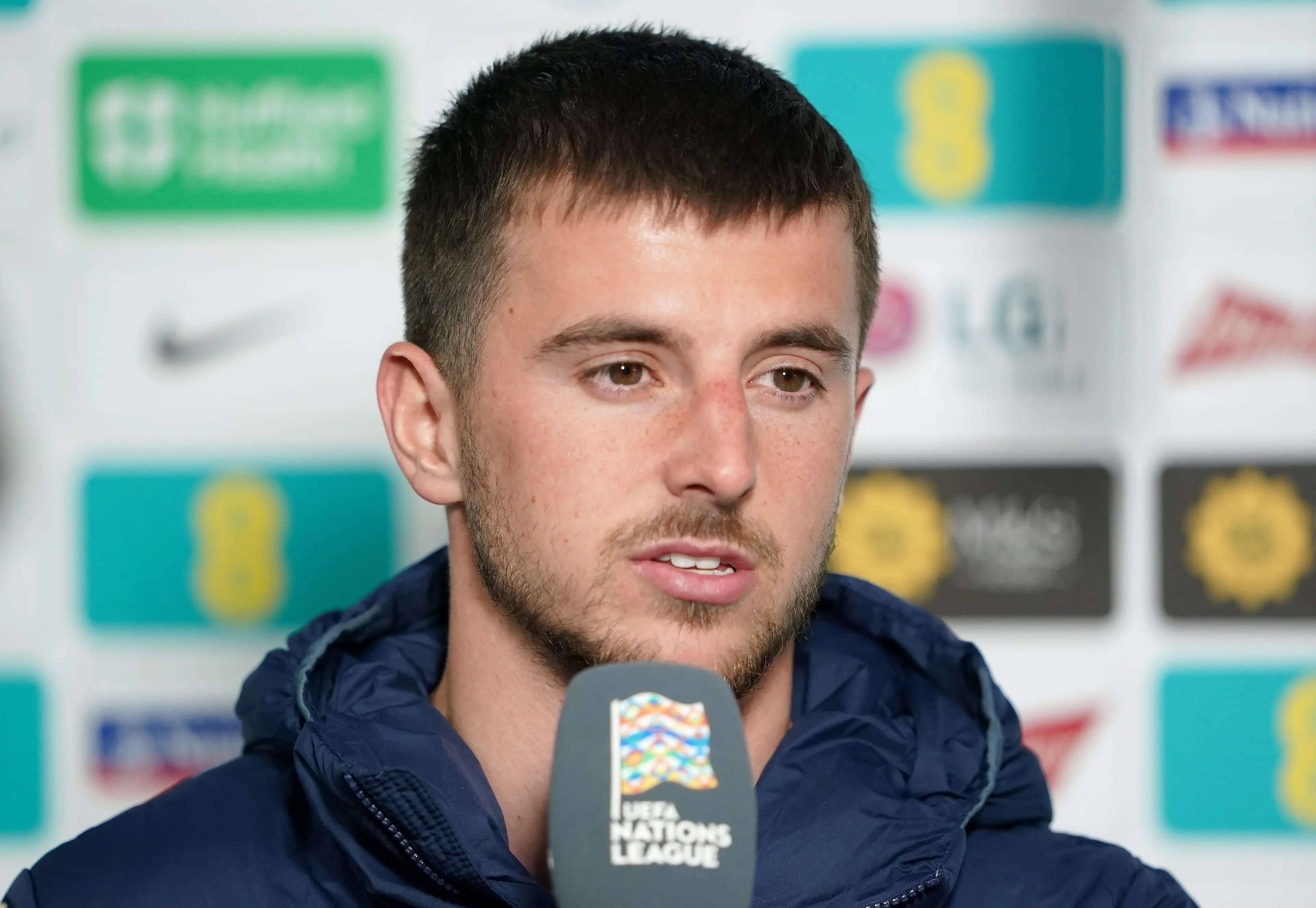 England's Mason Mount on media duty at the UEFA Nations League match at the Molineux Stadium, Wolverhampton. (Alamy)