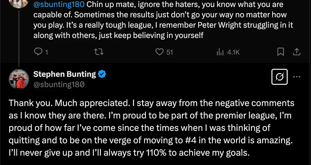 Stephen Bunting thanked two fans on Twitter after losing 6-0 to Luke Littler on Premier League night eight (Image: Twitter)