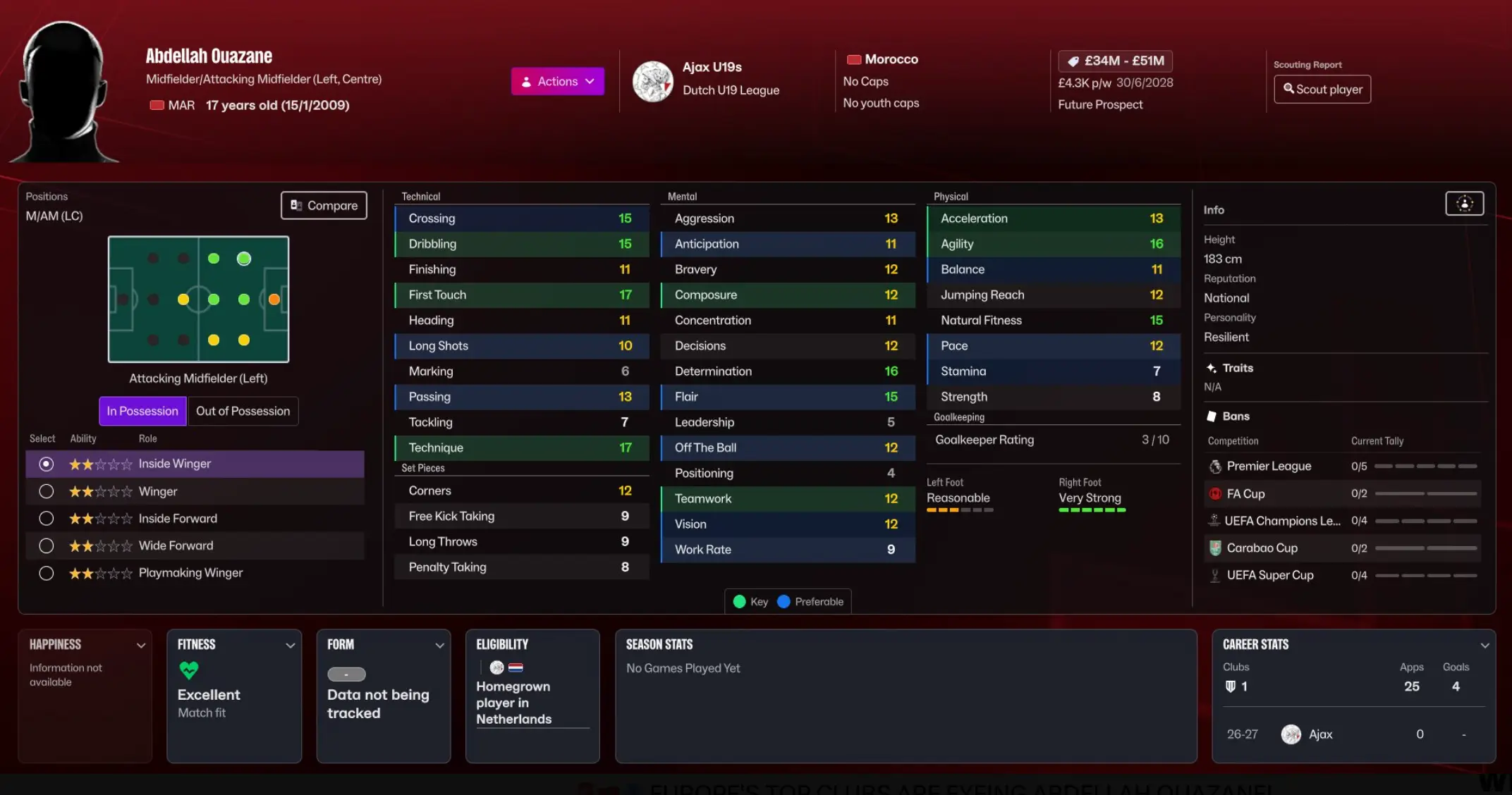 Ouazane's profile on Football Manager 27. Image credit: Sports Interactive