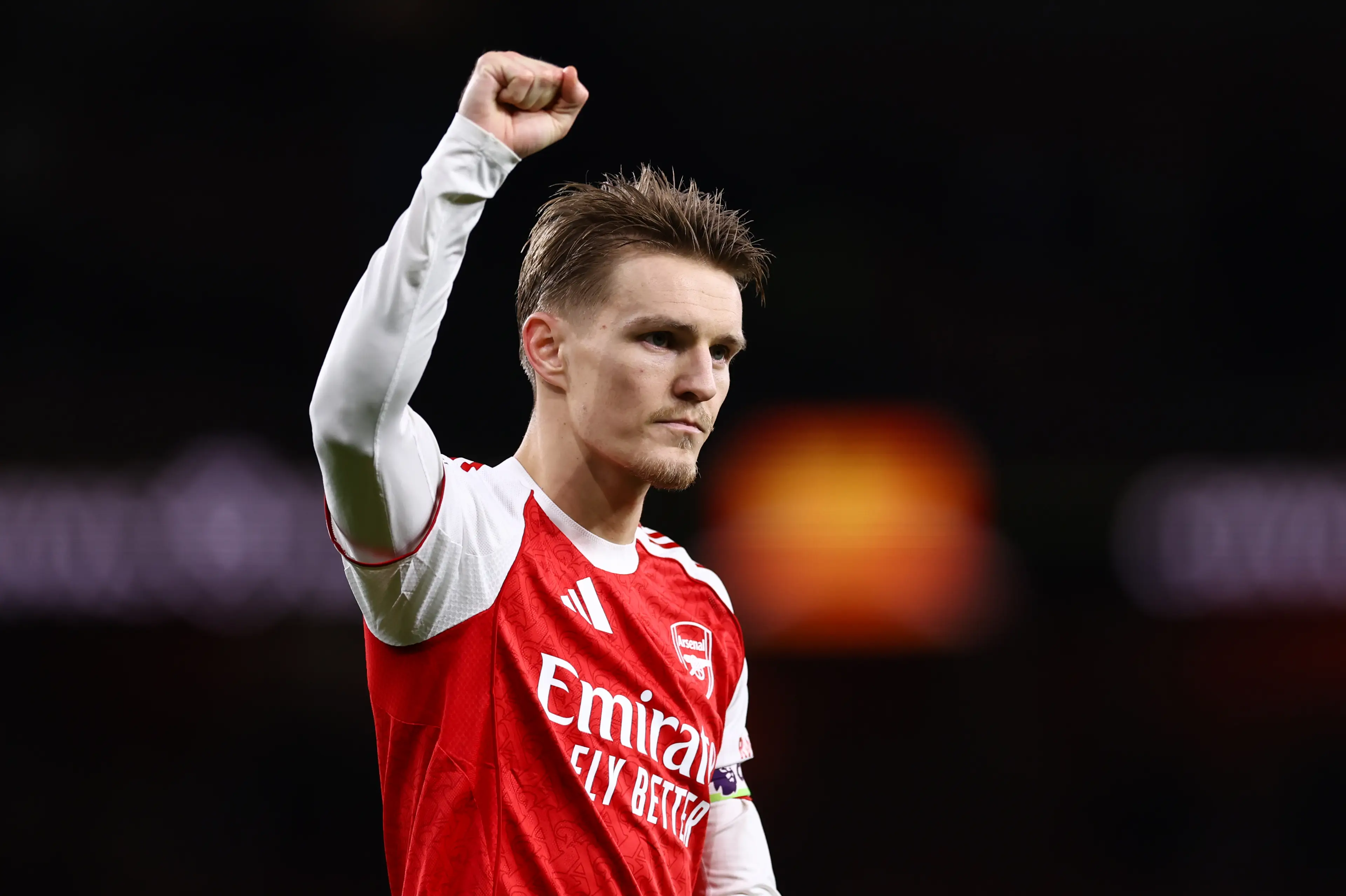 Martin Odegaard celebrates Arsenal's victory over Brentford. Image: Getty 