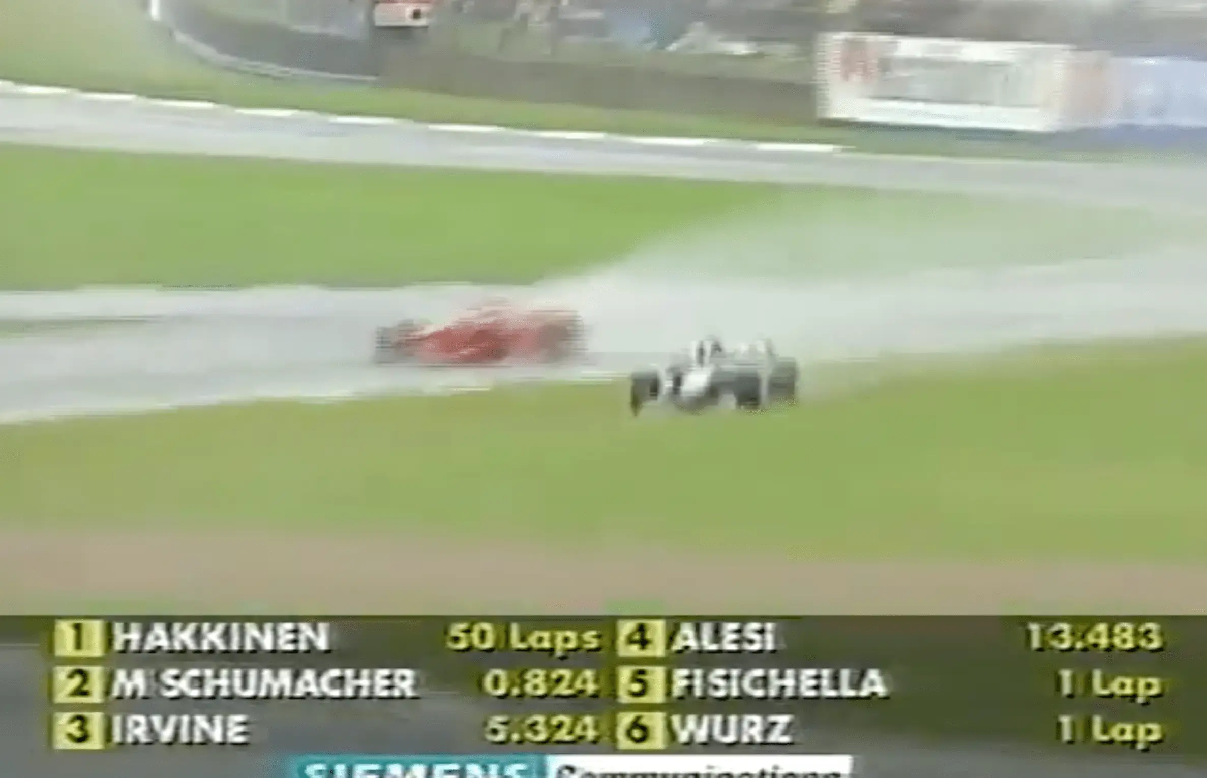 Hakkinen slid off the track after the restart, allowing Schumacher through (Image: ITV / FOM)