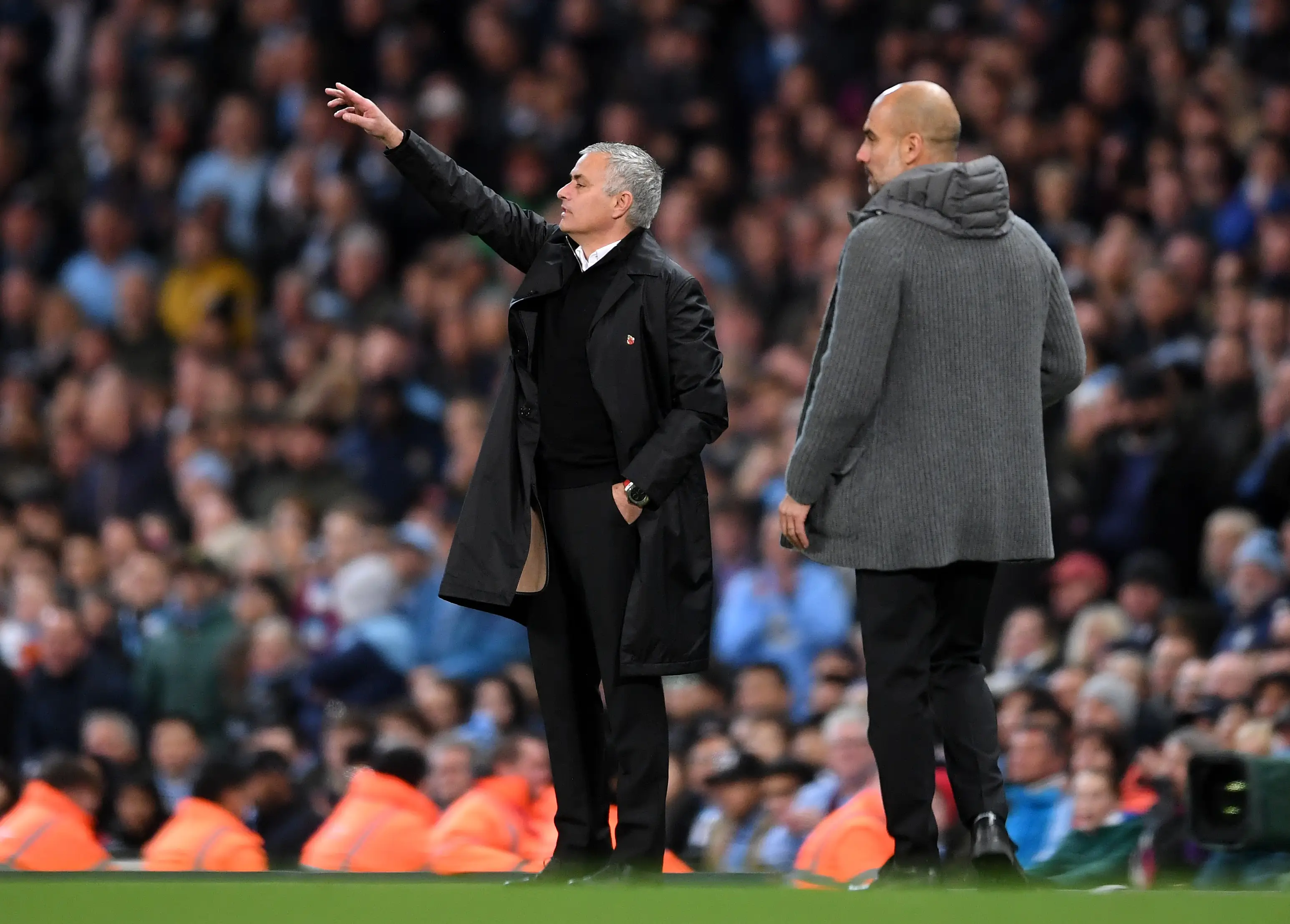 Jose Mourinho and Pep Guardiola share the Etihad touchline in 2018. Image credit: Getty