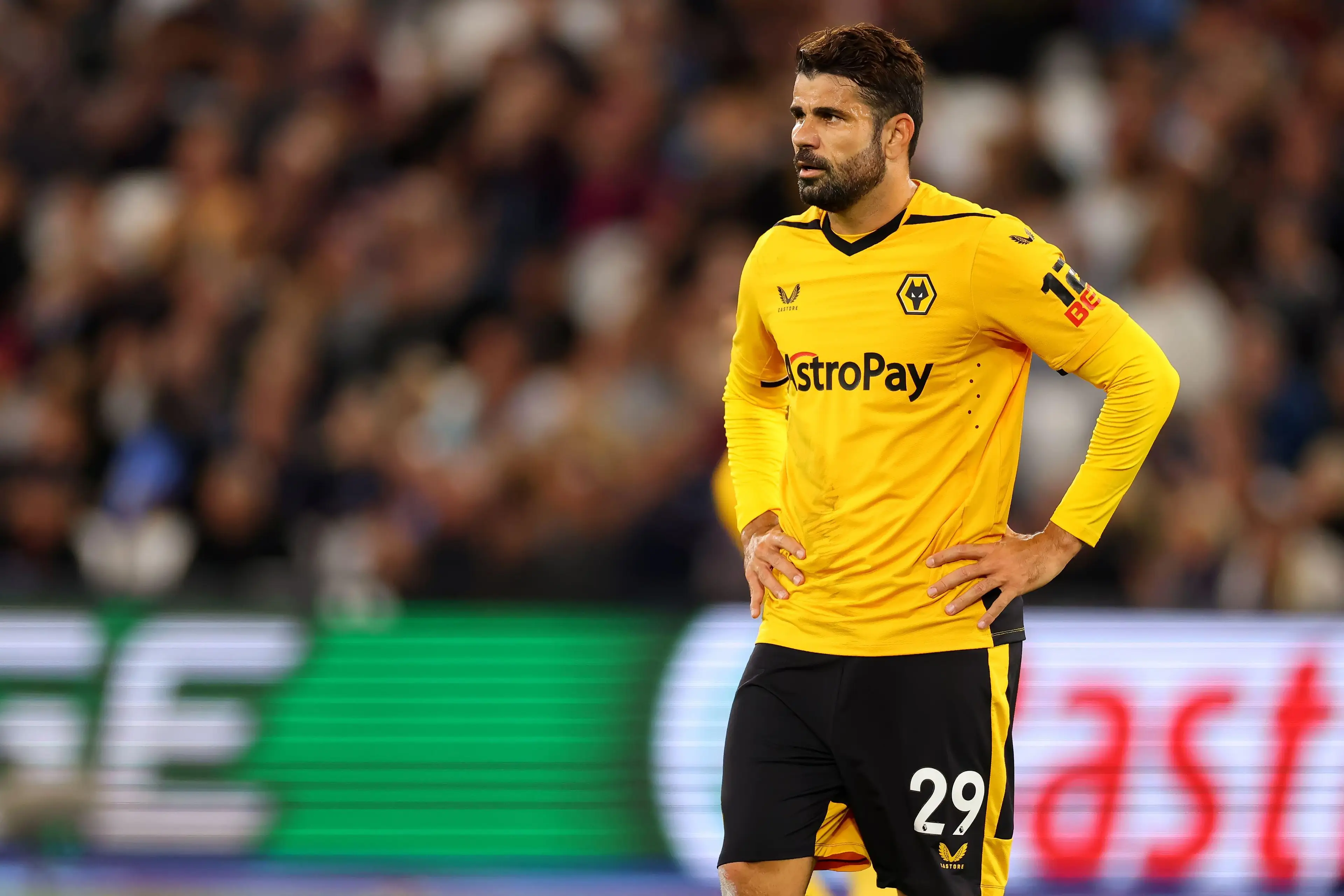 Diego Costa in Premier League action for Wolverhampton Wanderers against West Ham United. (Alamy)