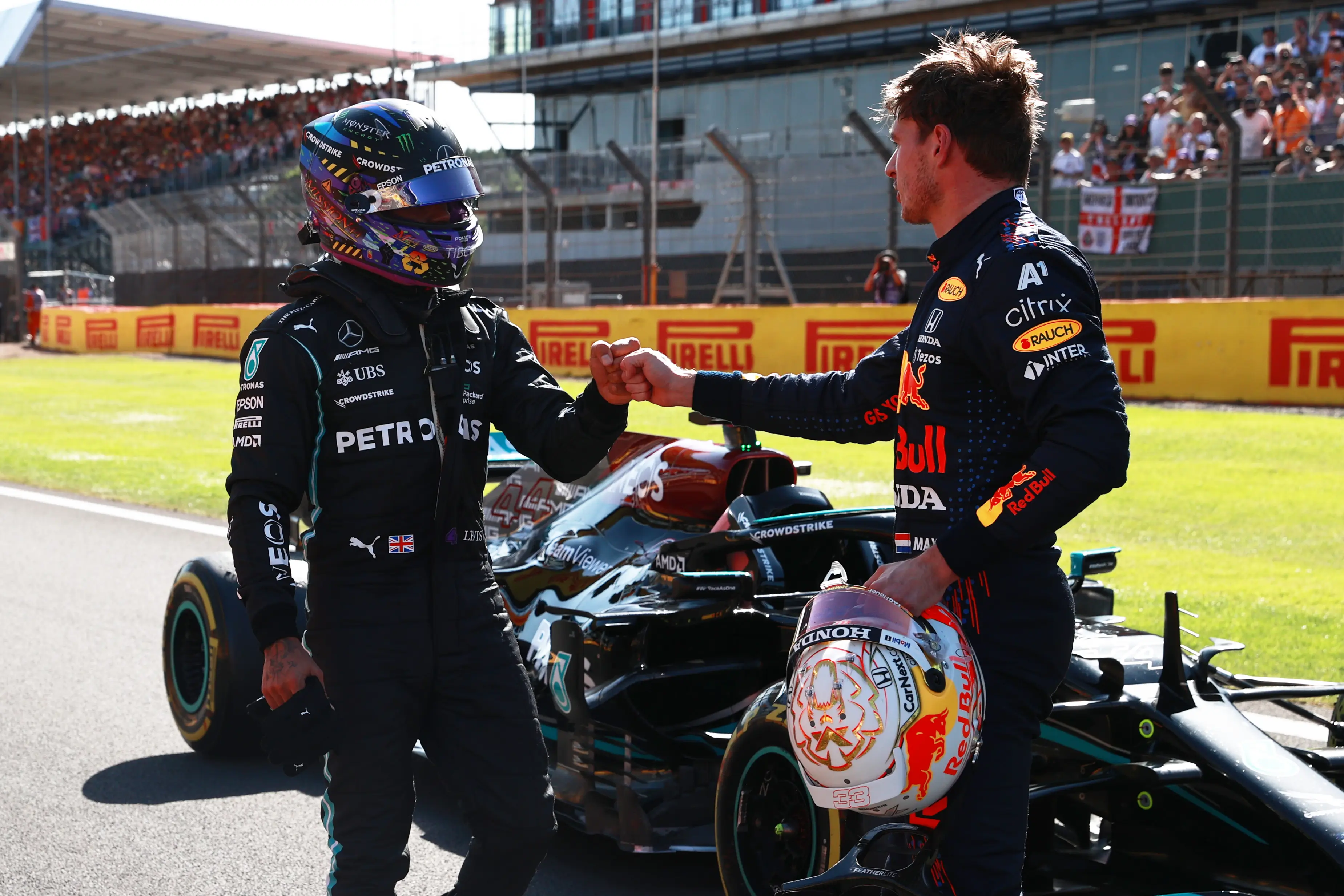 Max Verstappen and Lewis Hamilton at Silverstone in 2021 before the incident- Getty