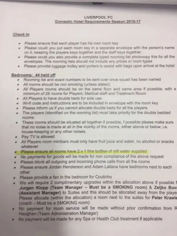 Liverpool's hotel demands. Image: via/The Daily Star 