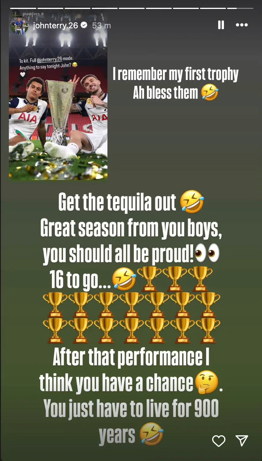 John Terry responded to James Maddison's call out with a savage message. Image: Instagram/John Terry 