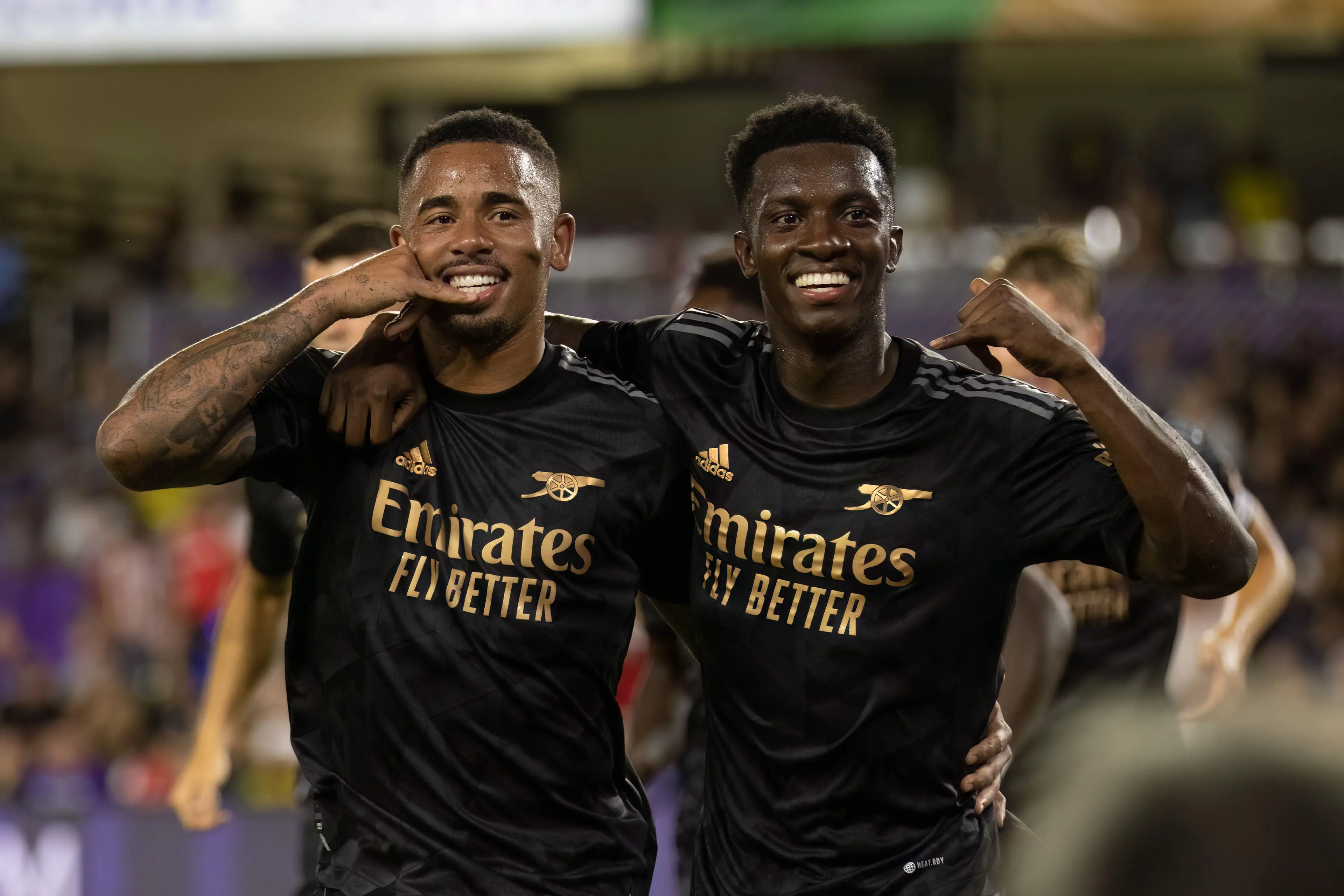 Eddie Nketiah and Gabriel Jesus celebrate for Arsenal. (Alamy)