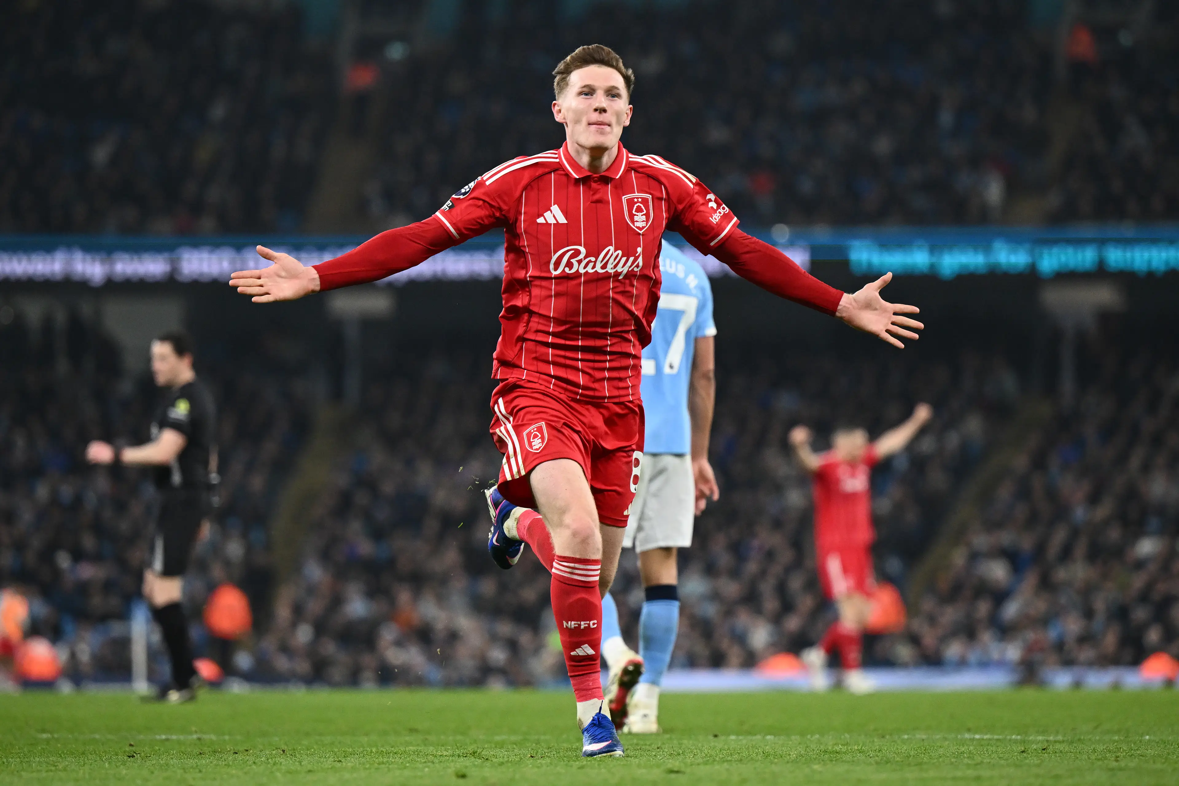 Elliot Anderson celebrates his goal against Manchester City. Image credit: Getty