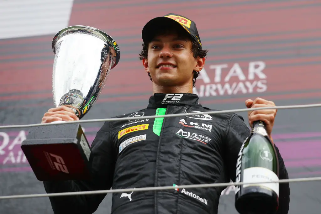 Kimi Antonelli celebrates after winning the F2 Sprint race at Silverstone -