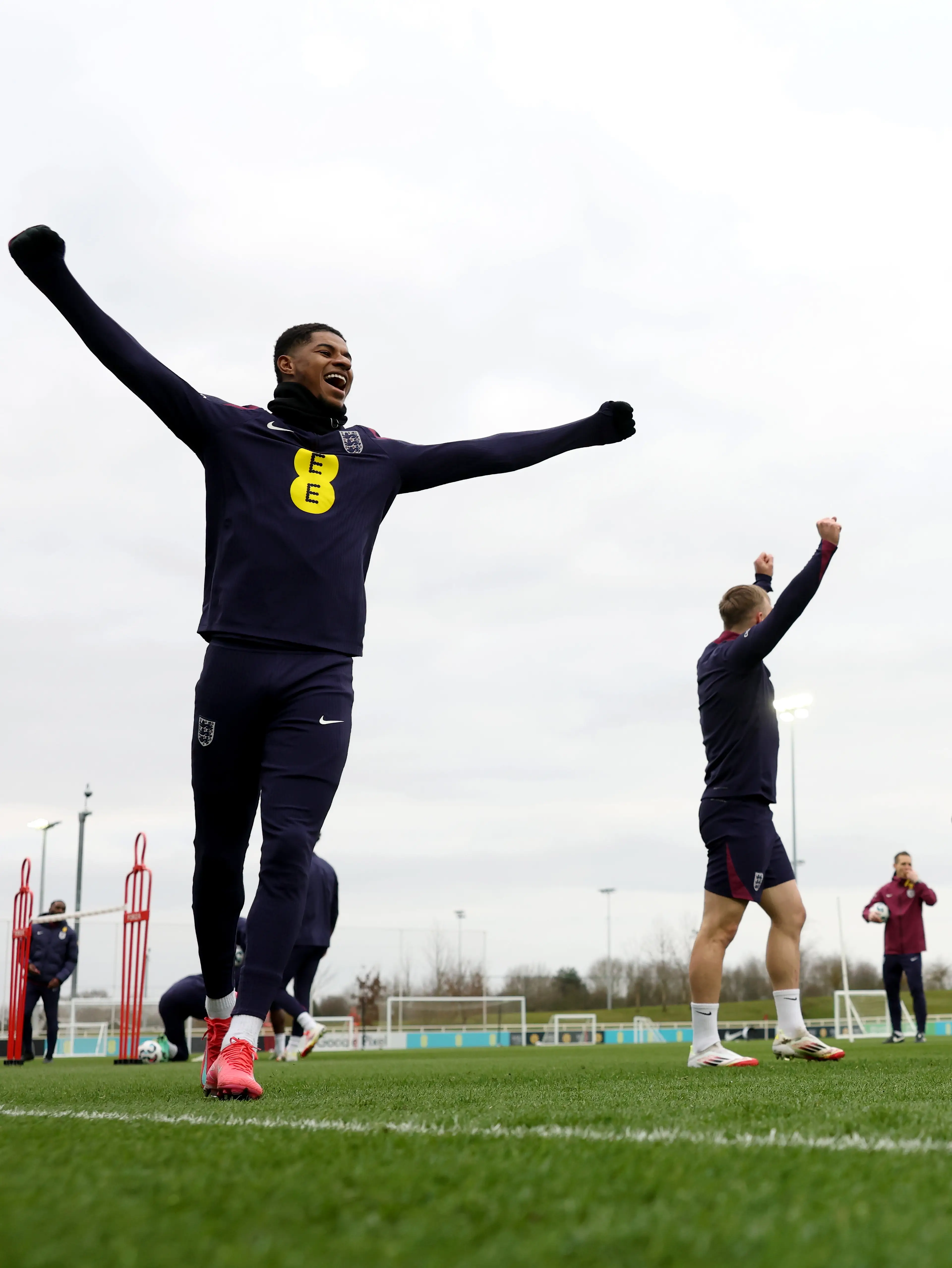 Marcus Rashford was all smiles back in England training. Image: Getty
