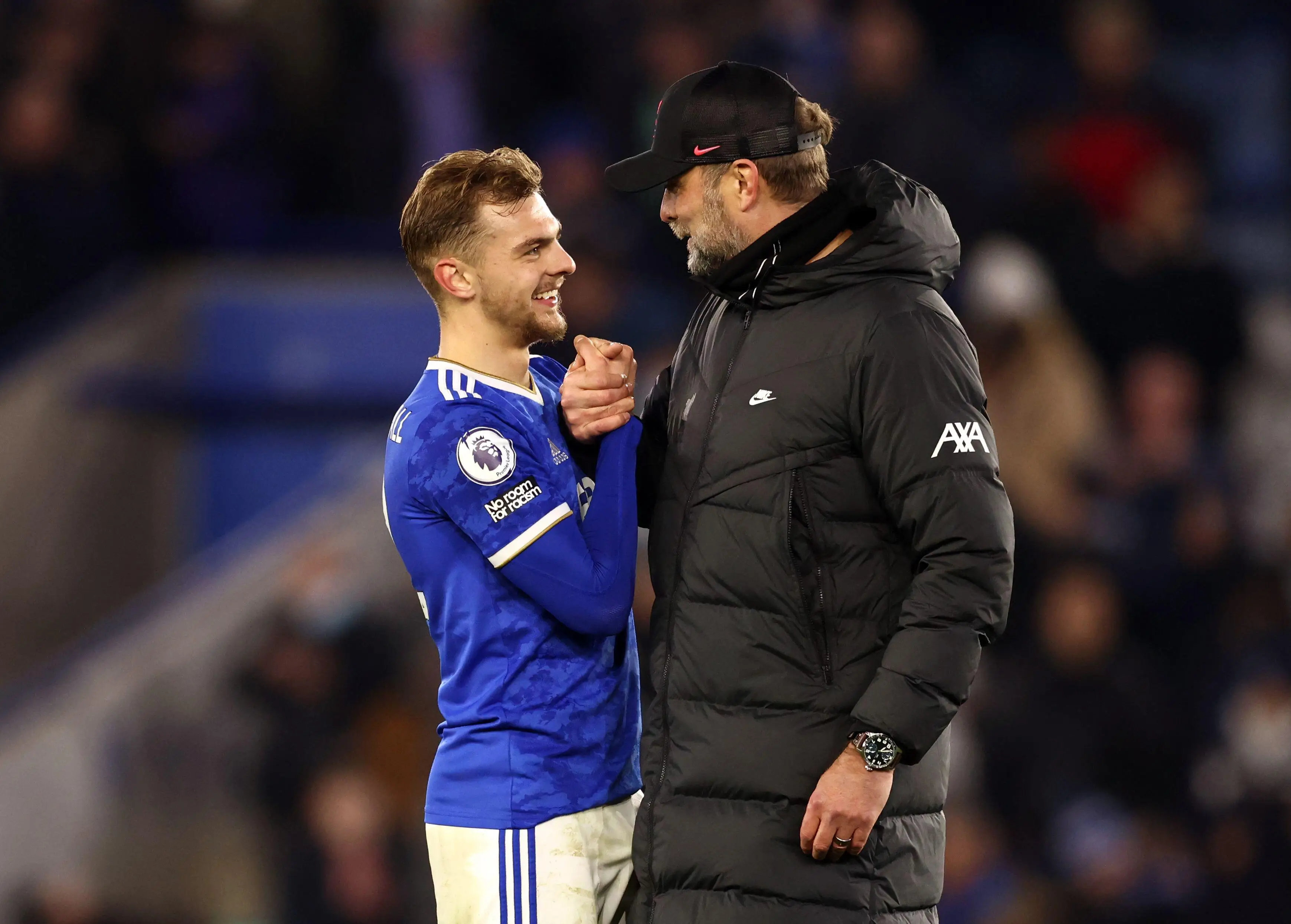 Dewsbury-Hall is congratulated by Liverpool manager Jurgen Klopp during December's Premier League clash at the King Power. Image credit: Alamy