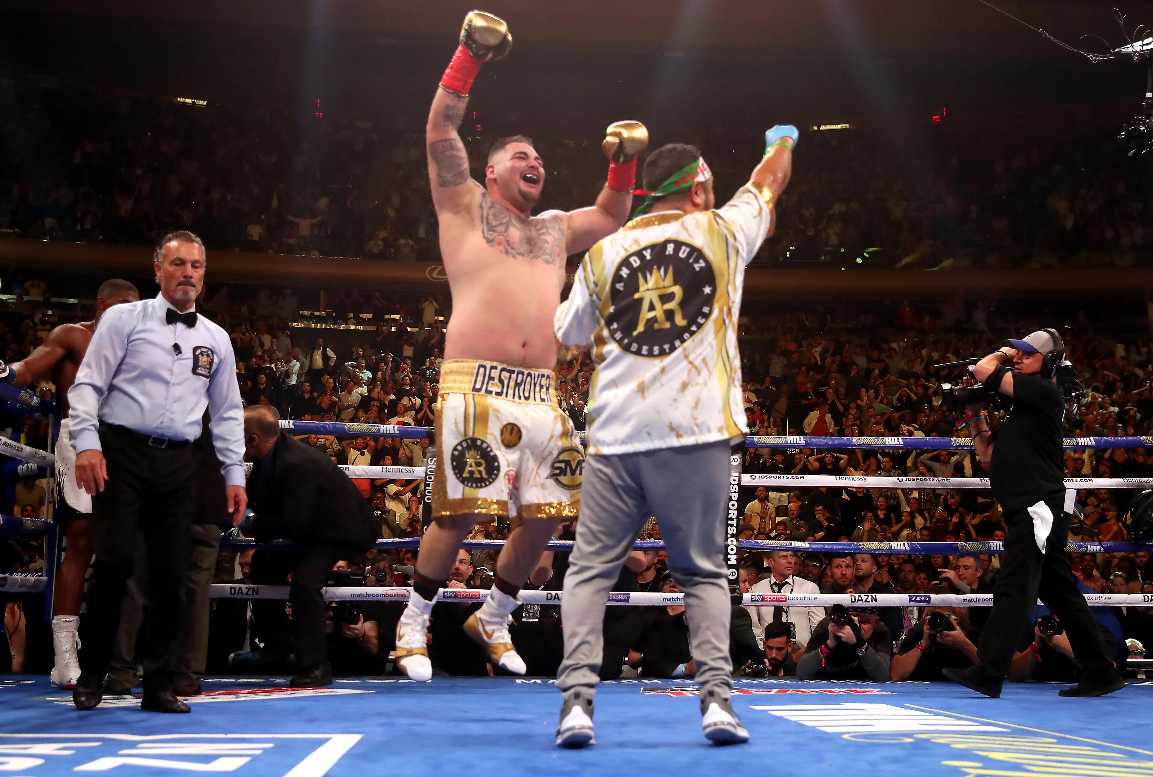 Andy Ruiz Jr celebrates his win over Anthony Joshua. Image: Alamy