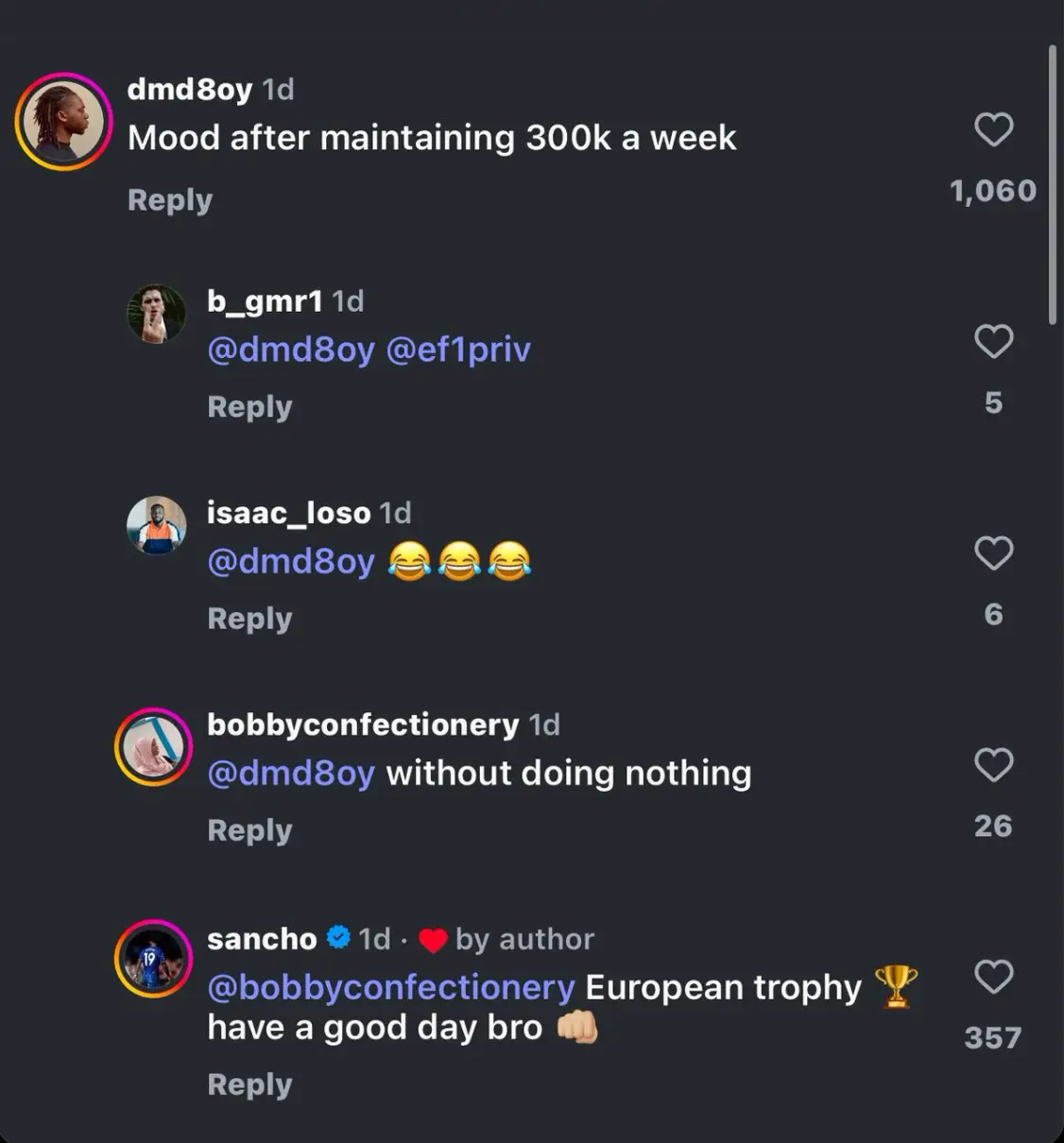 Jadon Sancho instagram comment (@footballerfits)