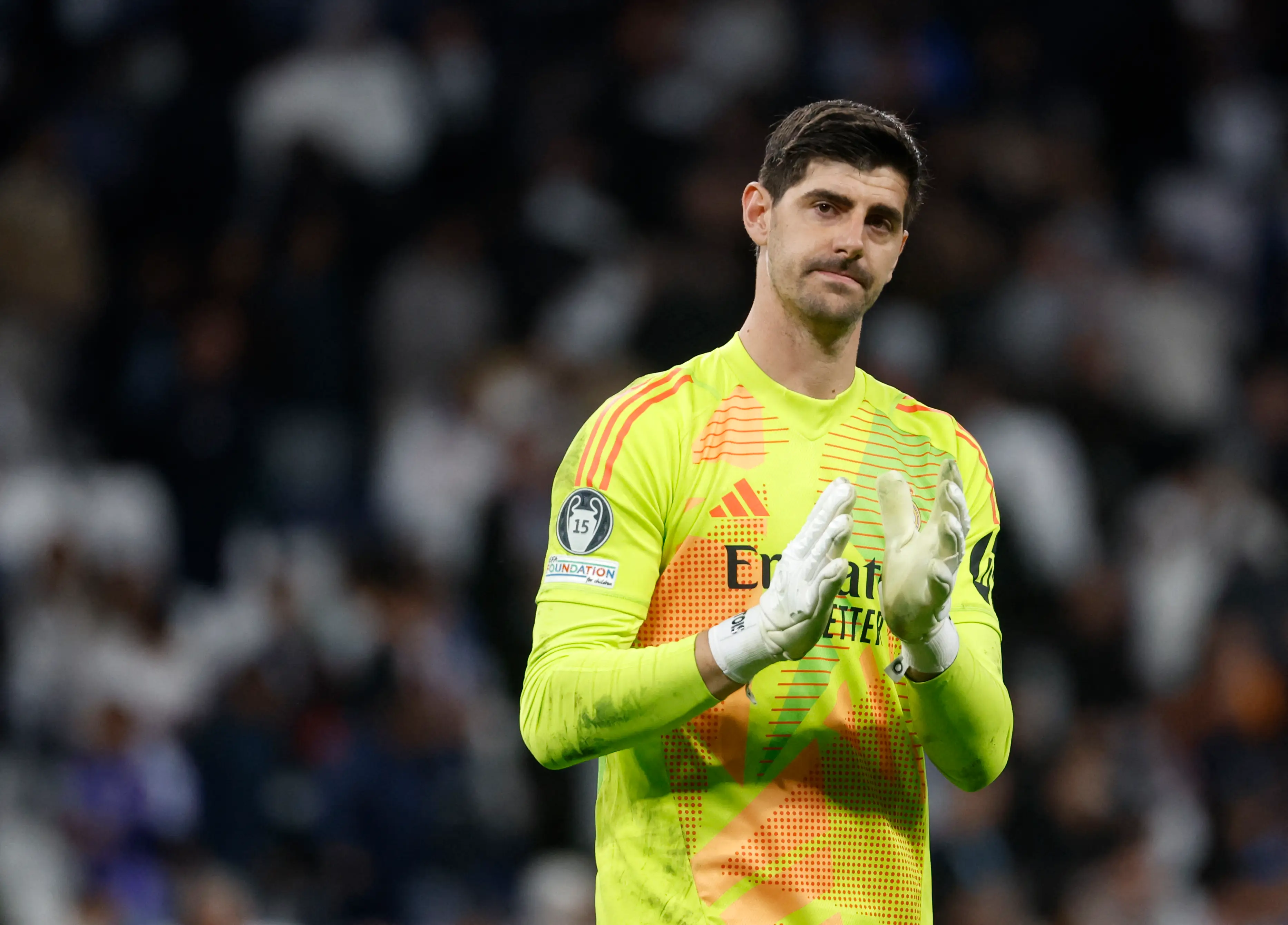 Thibaut Courtois cuts a dejected figure following the final whistle. Image: Getty