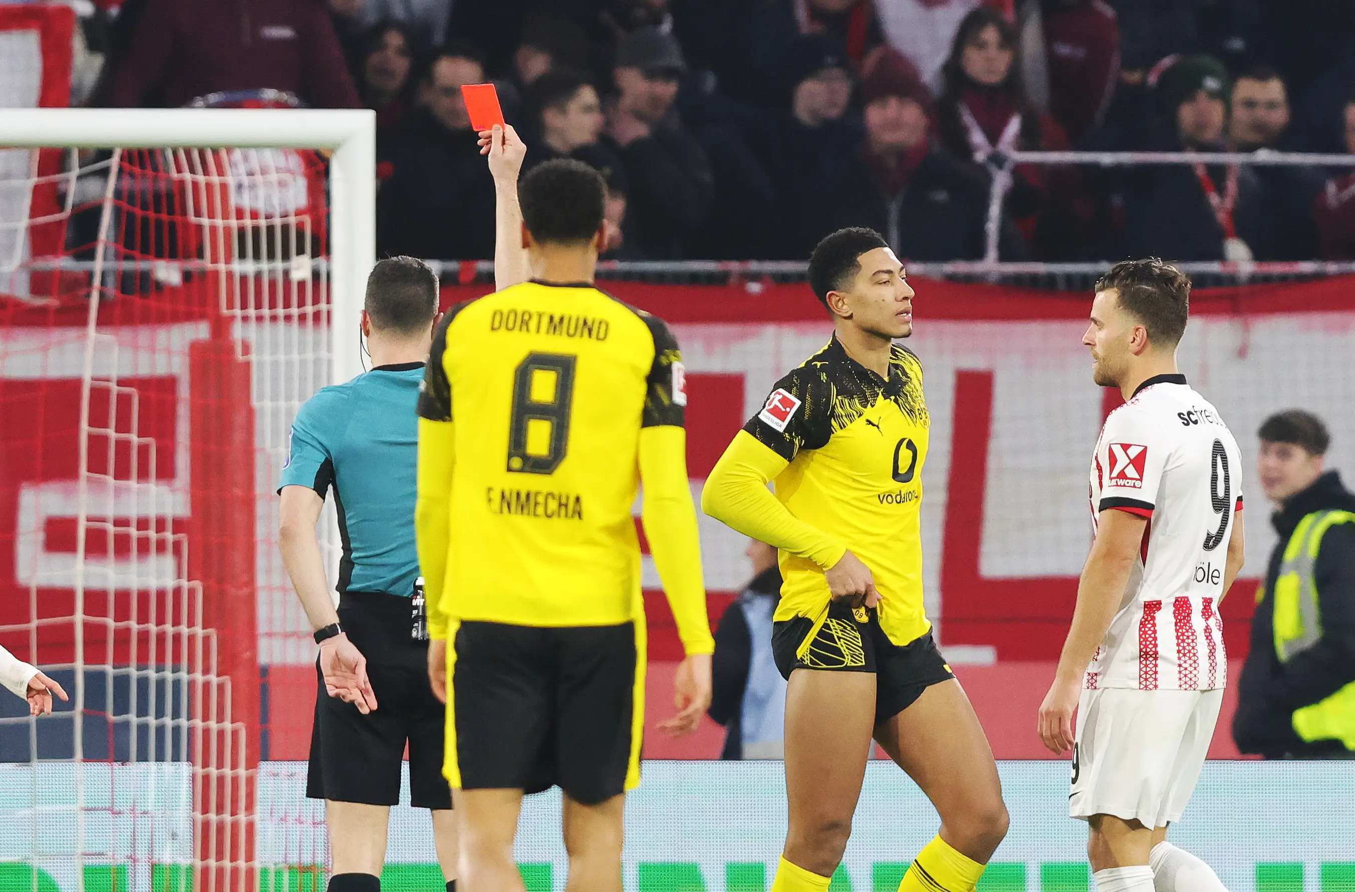 Bellingham was sent off in his last Dortmund appearance. Image: Getty