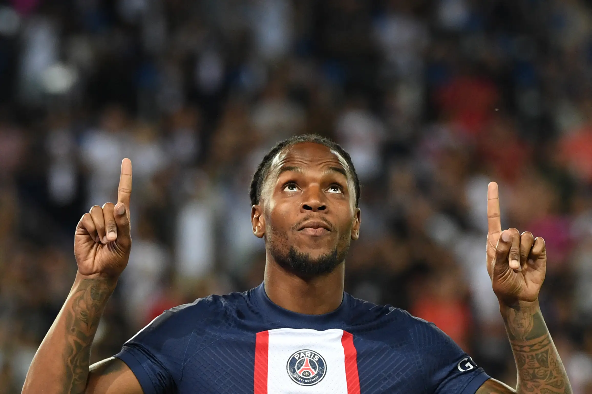 Paris Saint-Germain's Portuguese midfielder Renato Sanches celebrates after scoring his team's fifth goal during the French L1 football match between Paris-Saint Germain (PSG) and Montpellier Herault SC at The Parc des Princes Stadium in Paris on August 13, 2022. (Getty Images)