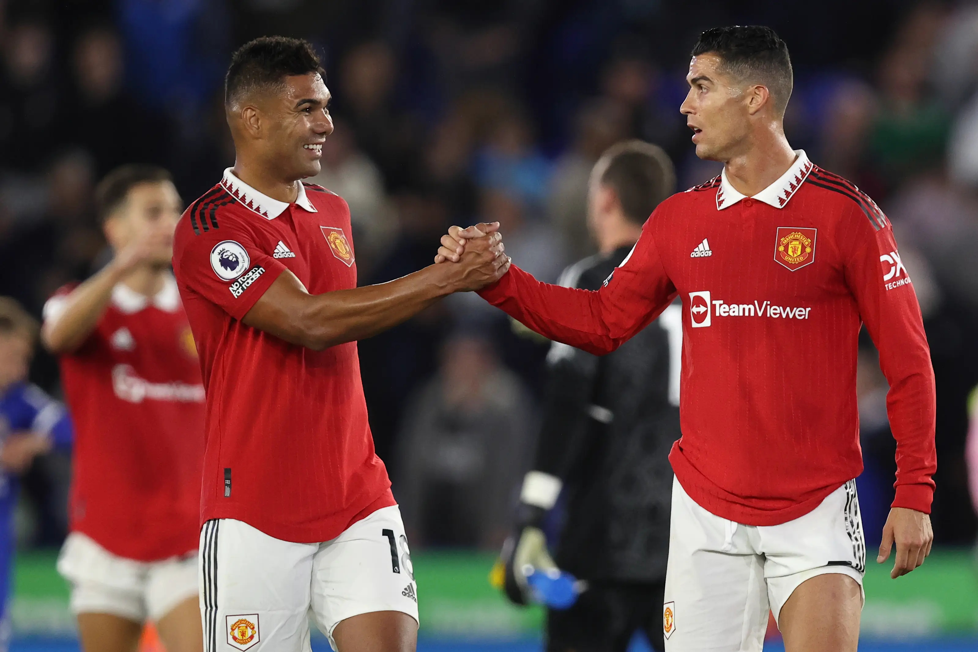 Casemiro and Cristiano Ronaldo celebrate a Manchester United victory. Image: Getty