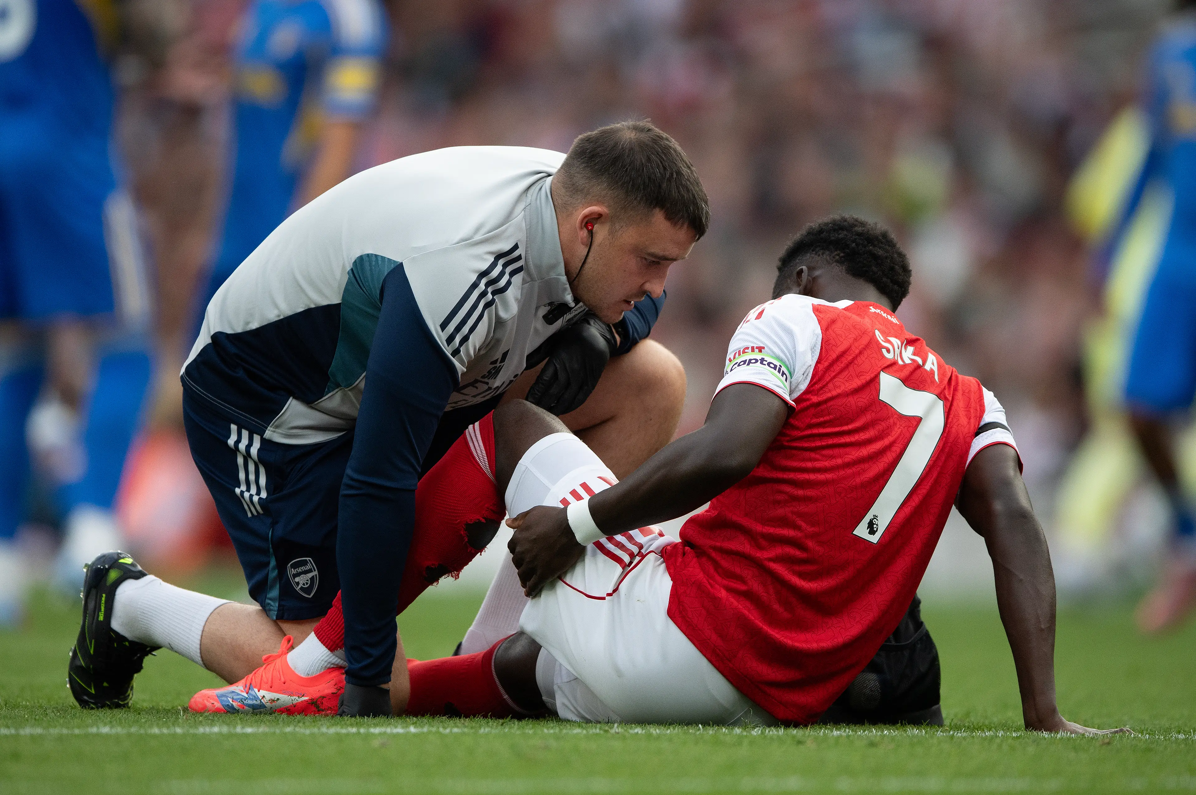 Bukayo Saka receiving treatment for a hamstring injury last month (credit: getty)