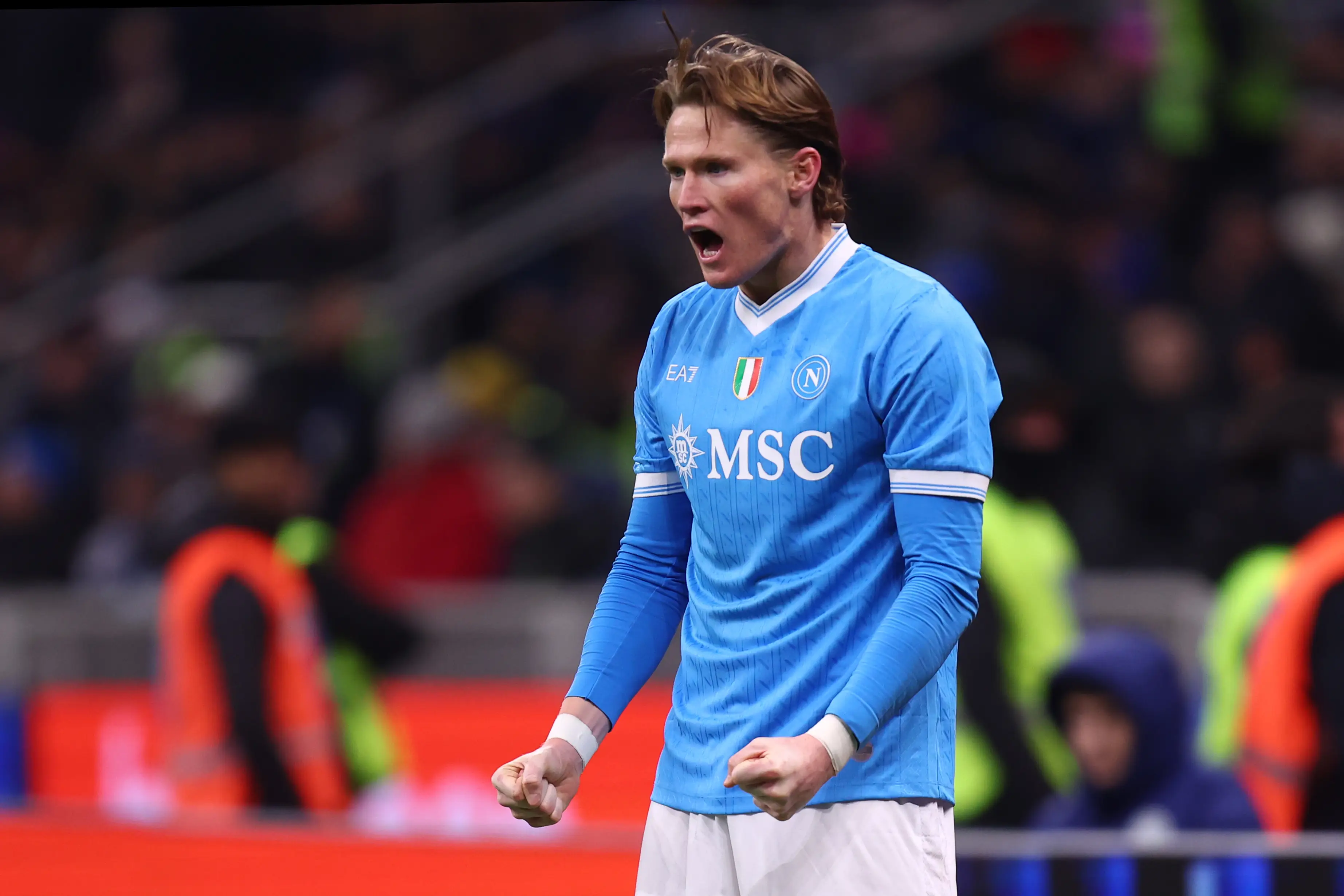 Scott McTominay celebrates scoring for Napoli. Image: Getty 