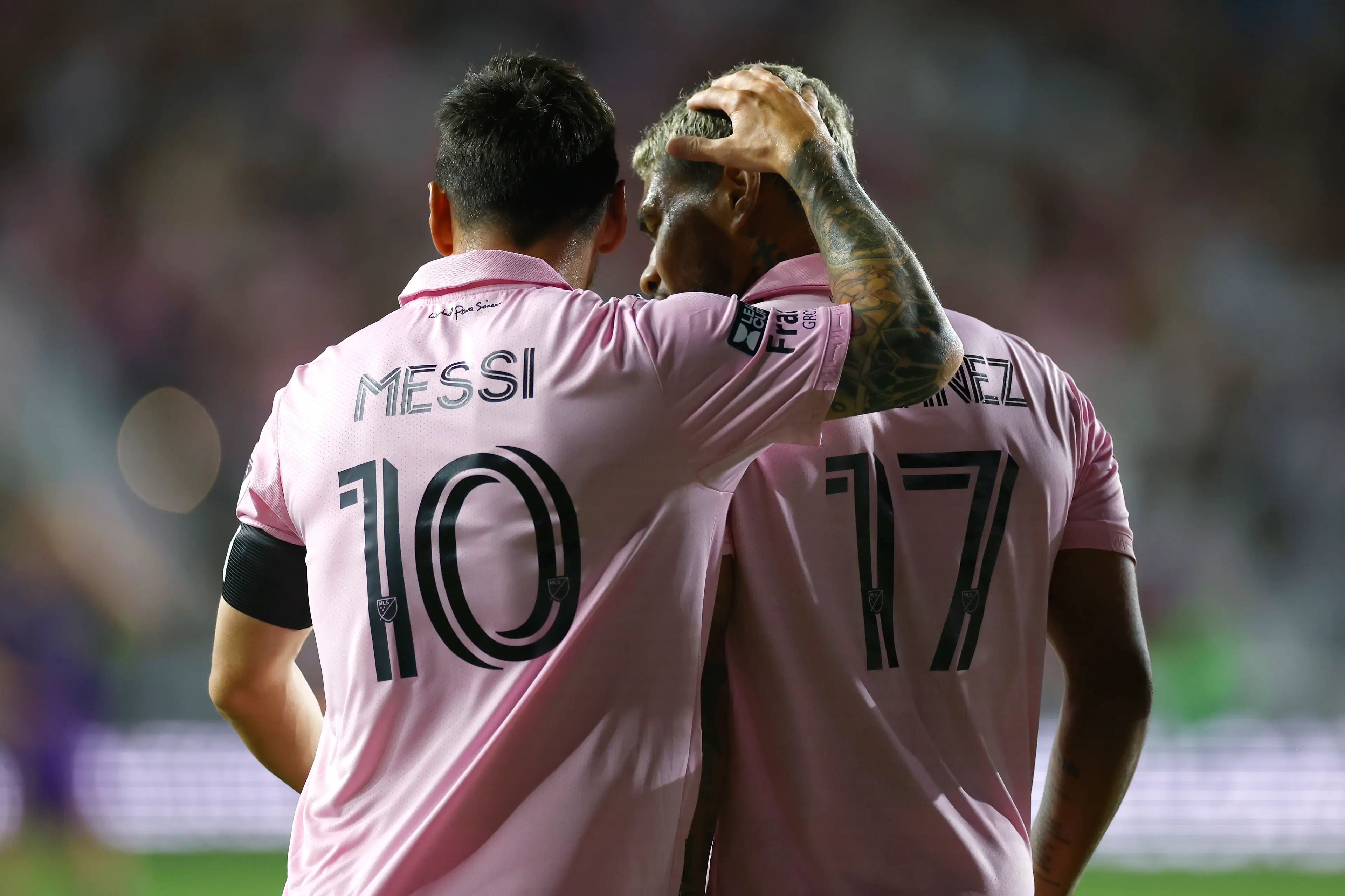 Lionel Messi and Josef Martinez embrace after Inter Miami goal. Image: Getty