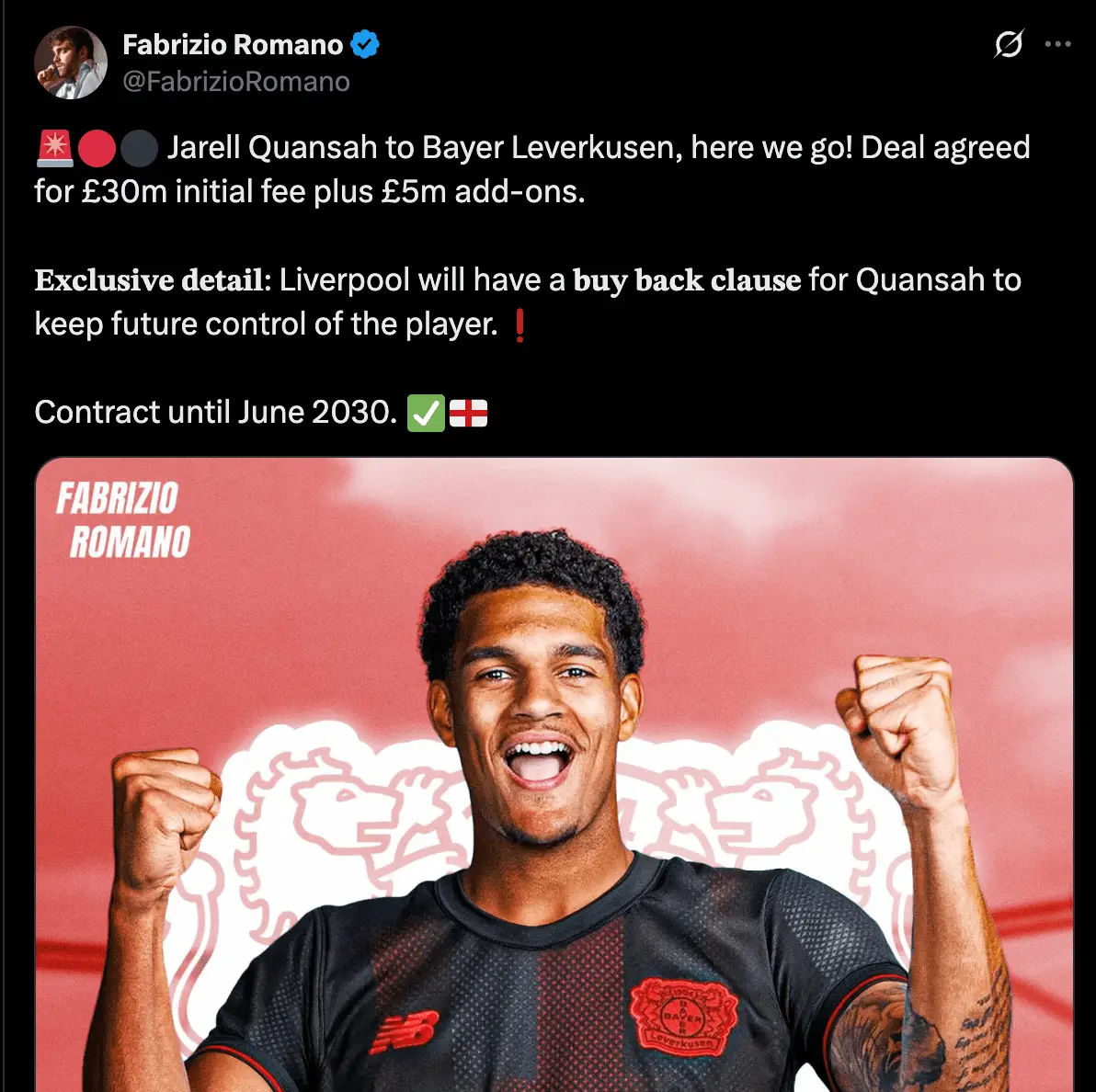 Jarell Quansah is set to sign for Bayer Leverkusen on a five-year contract (Image: Twitter/@FabrizioRomano)