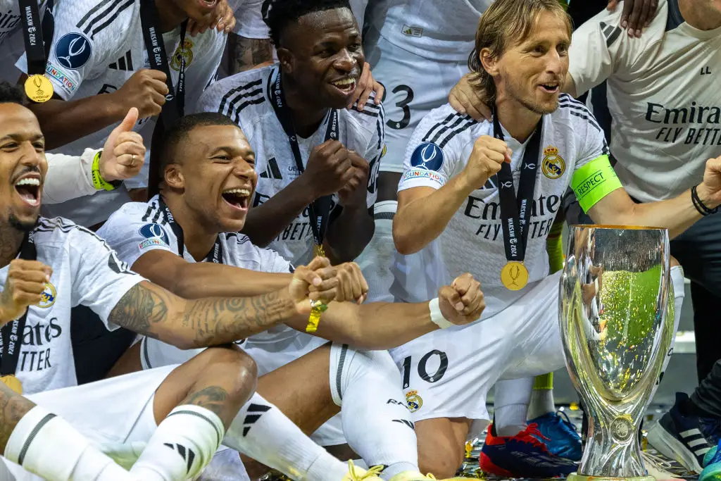 Kylian Mbappe celebrates with Real Madrid after winning the UEFA Super Cup -