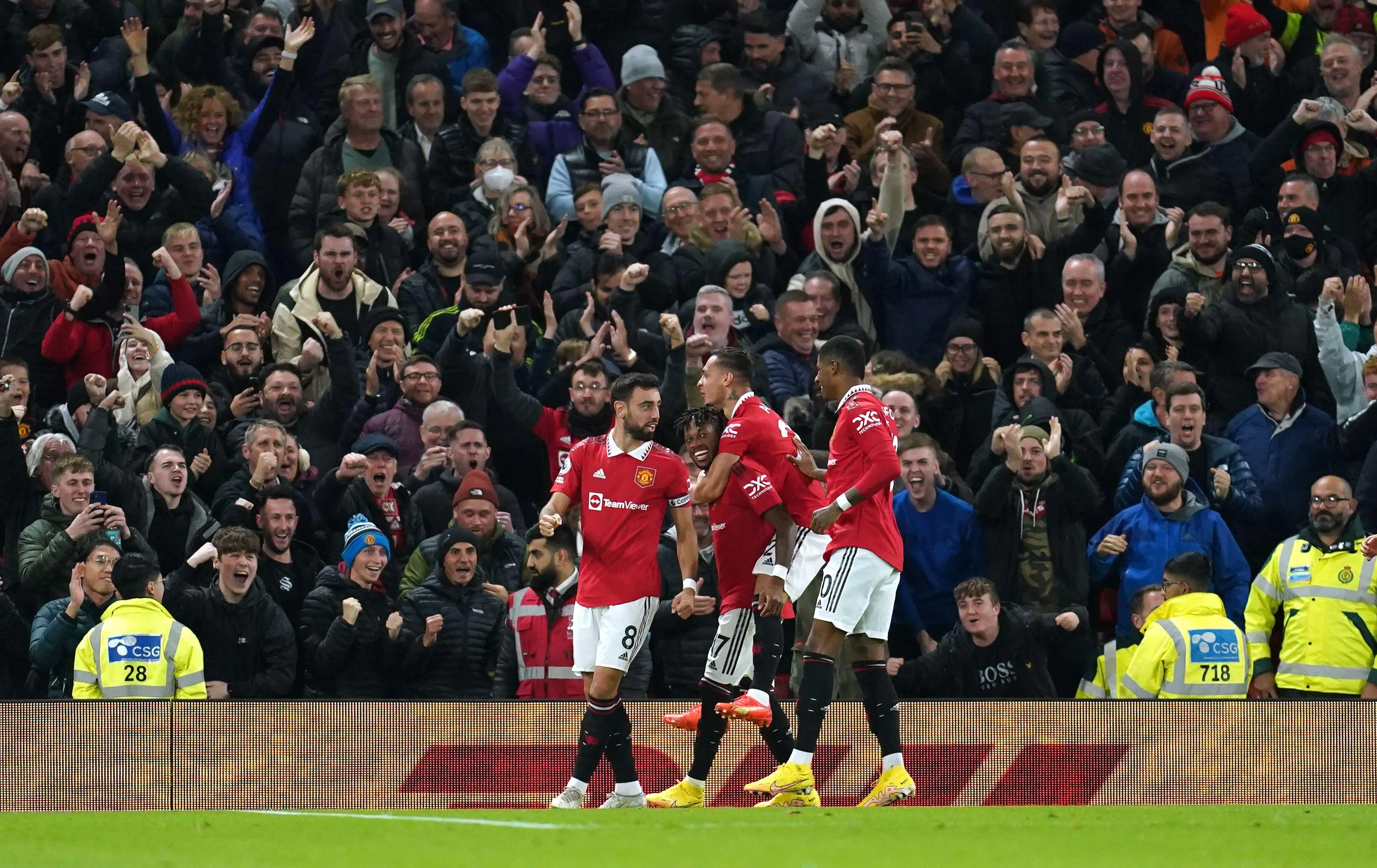 Manchester United's Fred celebrates scoring their side's first goal of the game during the Premier League match at Old Trafford. (Alamy)