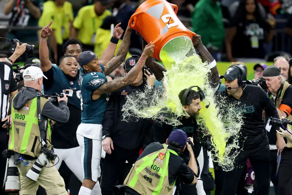 Nick Sirianni being drenched at Super Bowl LIX (Image: Getty)
