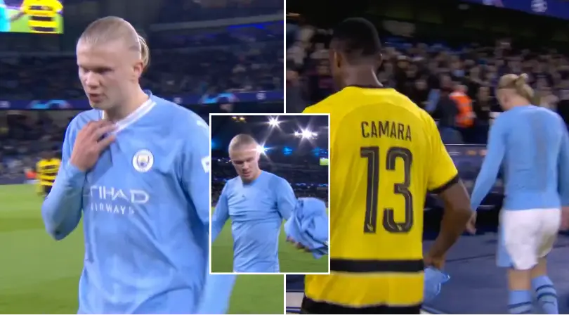 Erling Haaland shakes his head after Young Boys player asks for his shirt at half-time