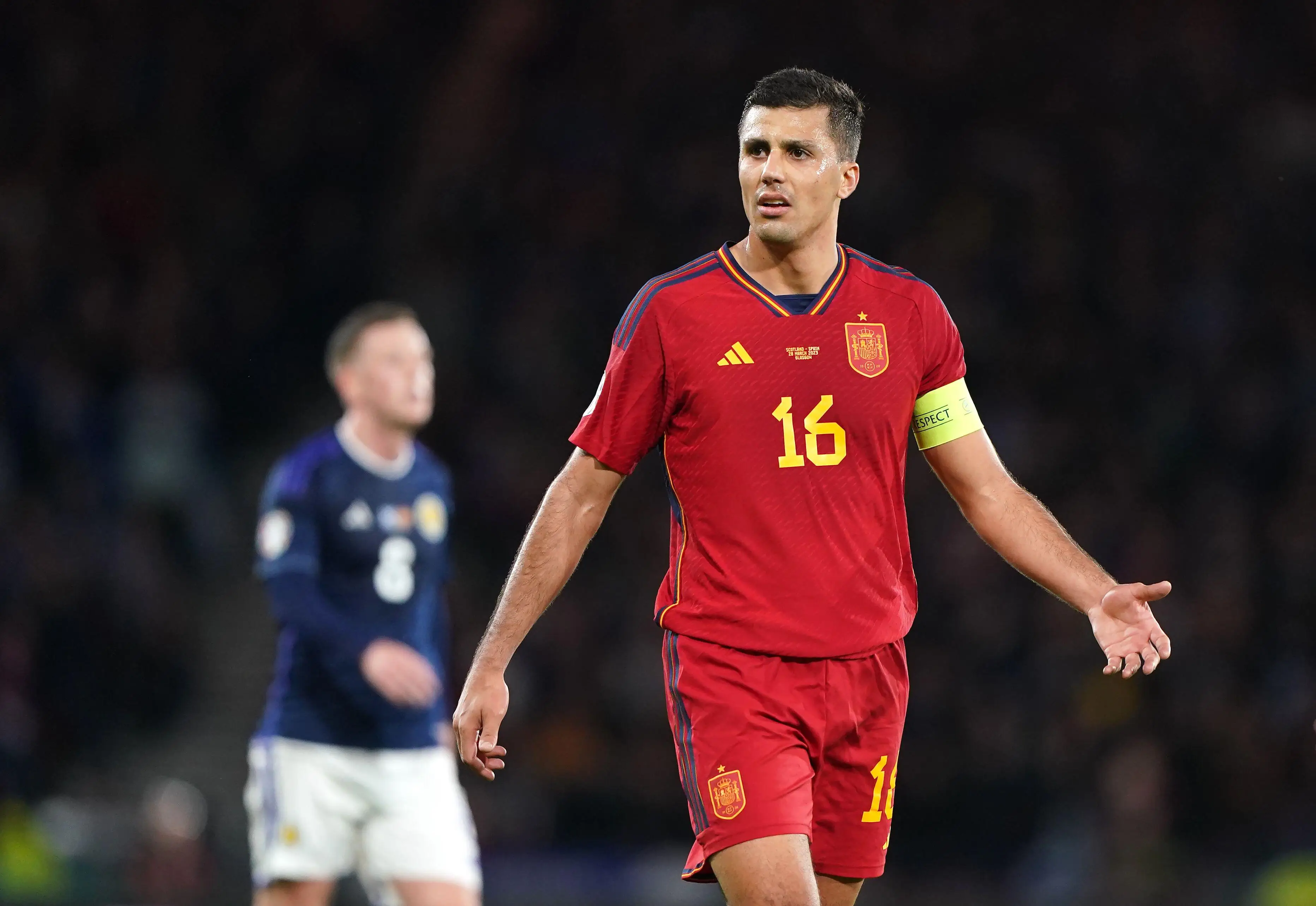 Rodri during Scotland vs. Spain. Image: Alamy 