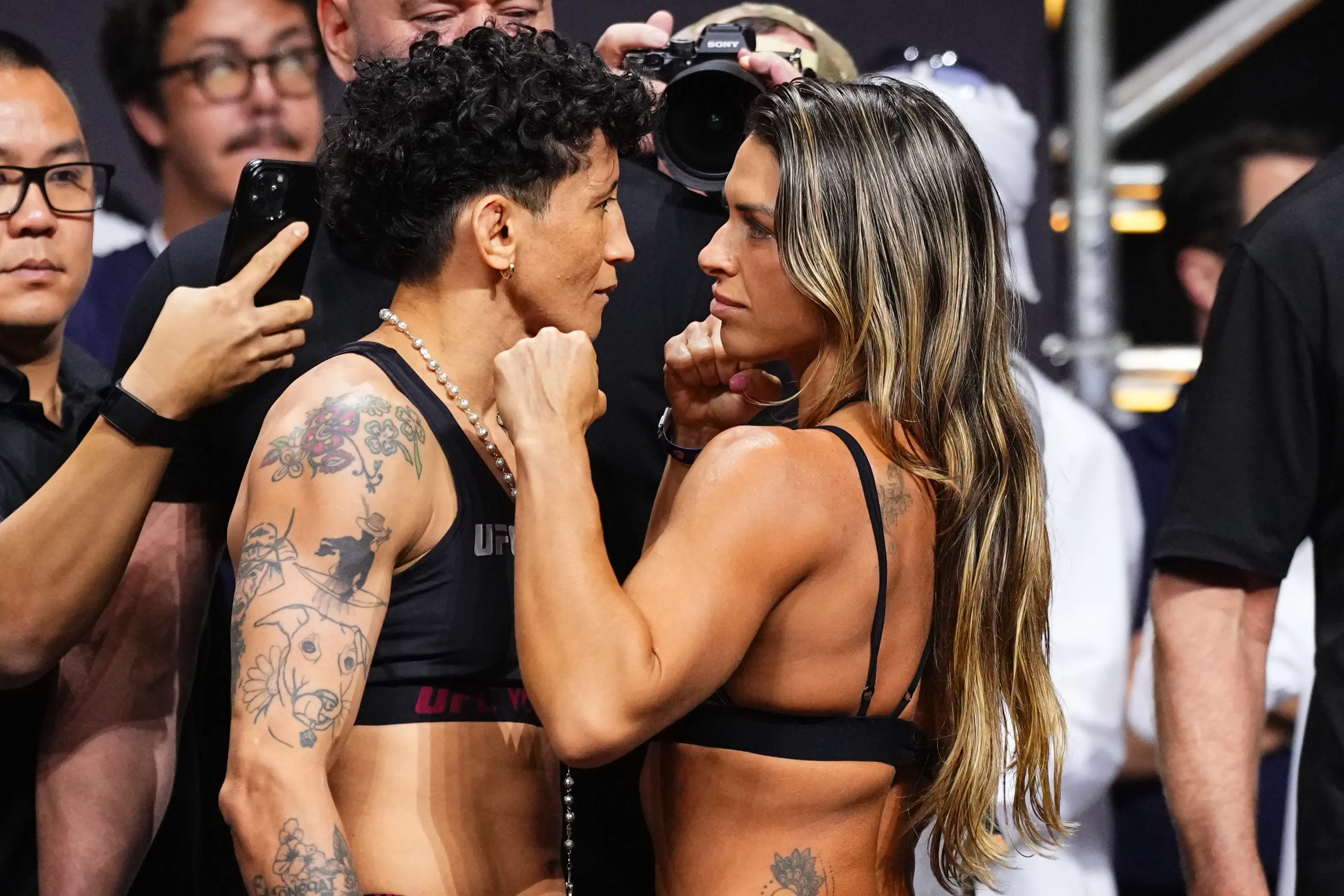 Mackenzie Dern faces off against Virna Jandiroba at the UFC 321 ceremonial weigh-ins. Image: Getty 