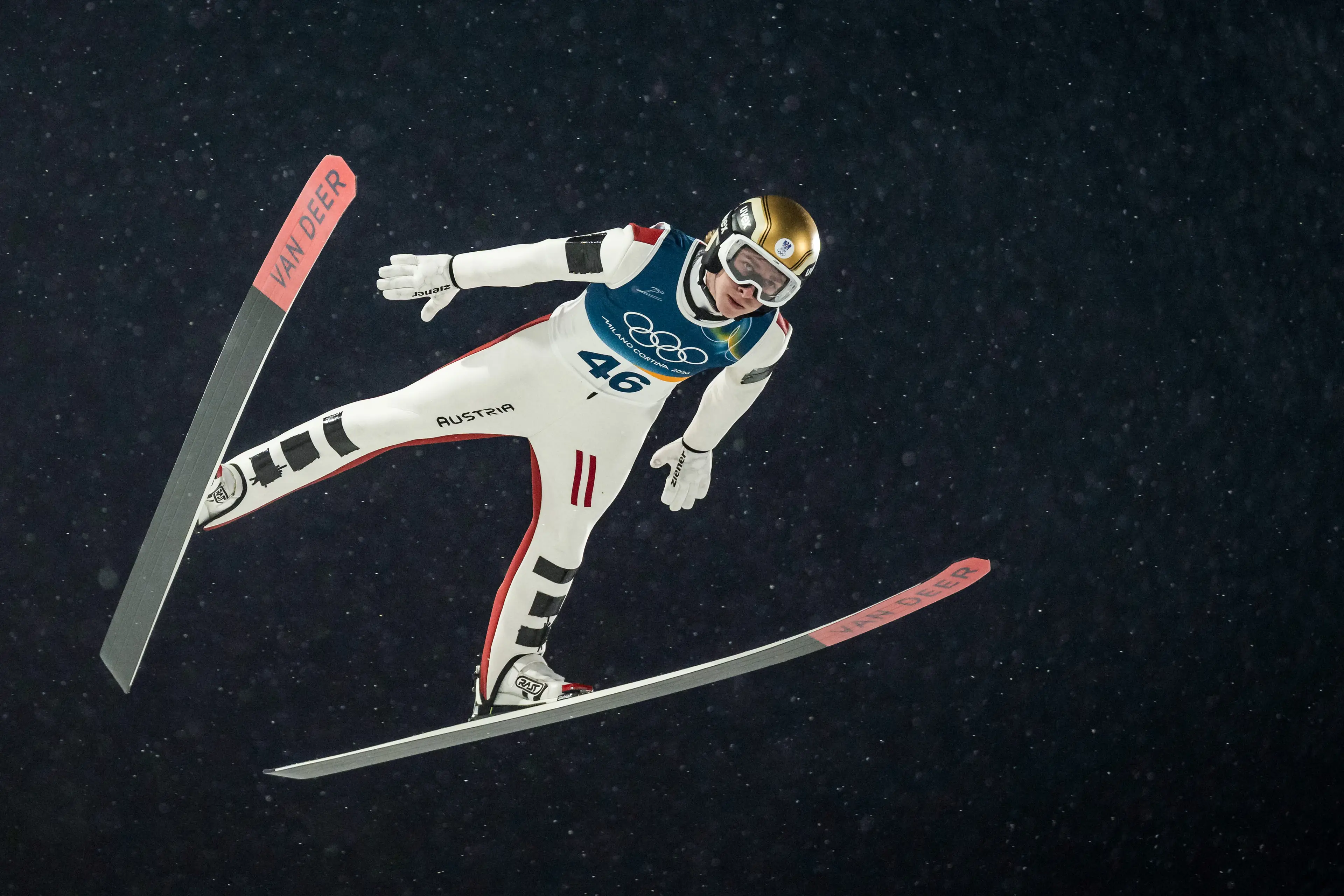 Daniel Tschofenig of Team Austria in action during the Men's Large Hill Individual Trial Round. Image credit: Getty