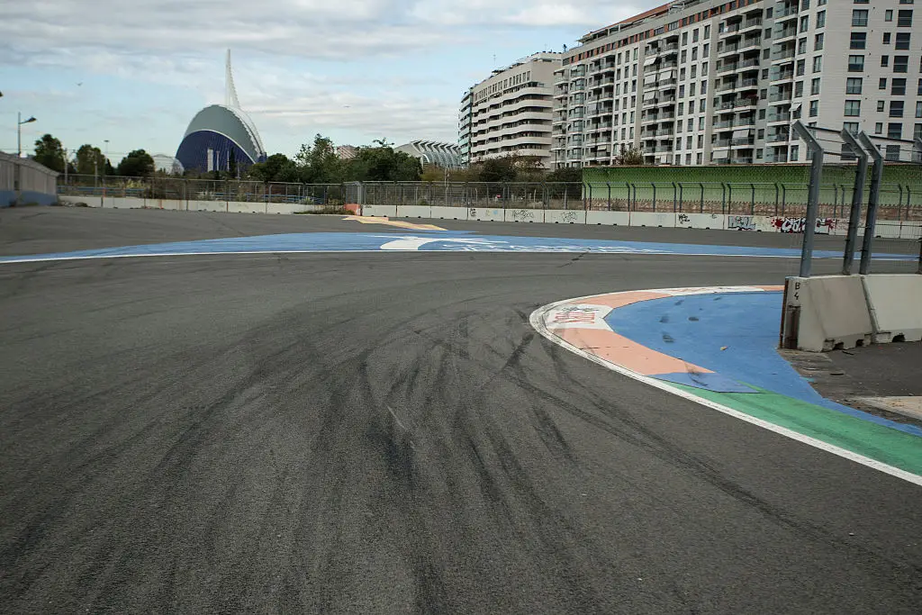 Tyre markings can still be seen on the abandoned track. (Image: Xavier Bonilla/NurPhoto via Getty Images)
