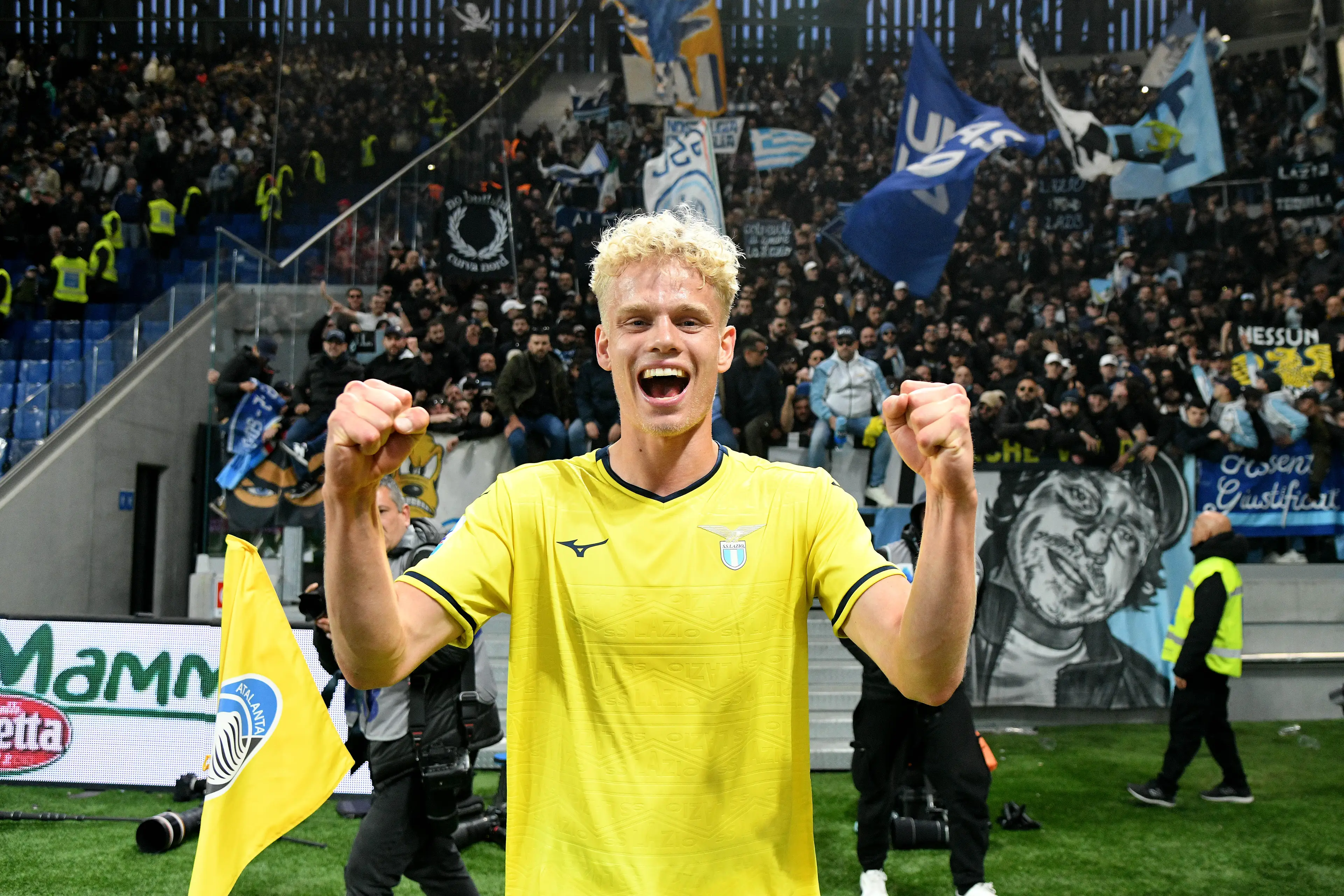 Provstgaard celebrates a win over Atalanta after making his Lazio debut in Bergamo. Image credit: Getty