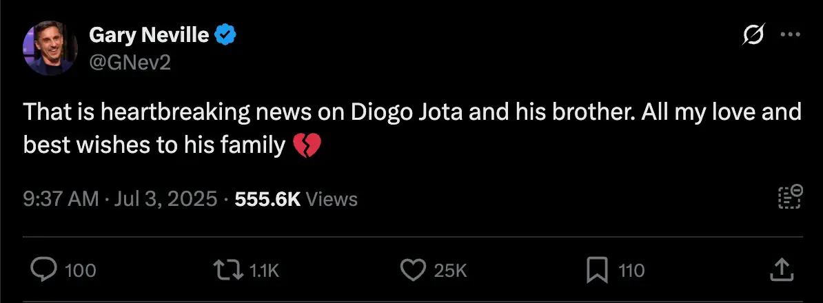 Gary Neville has paid tribute to Jota (Image: Twitter/@GNev2)