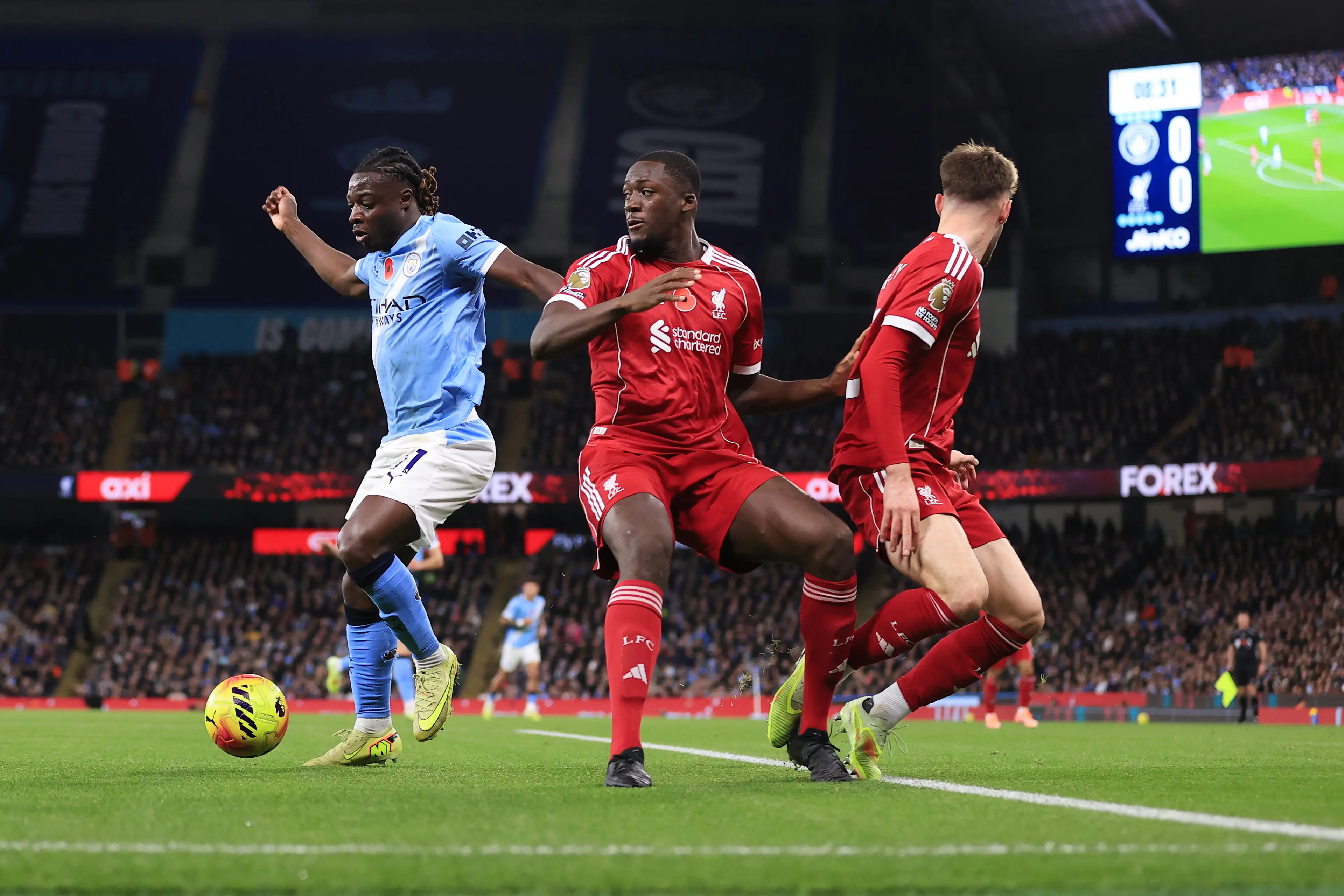 Ibrahima Konate didn't have his best game against Manchester City. Image: Getty 