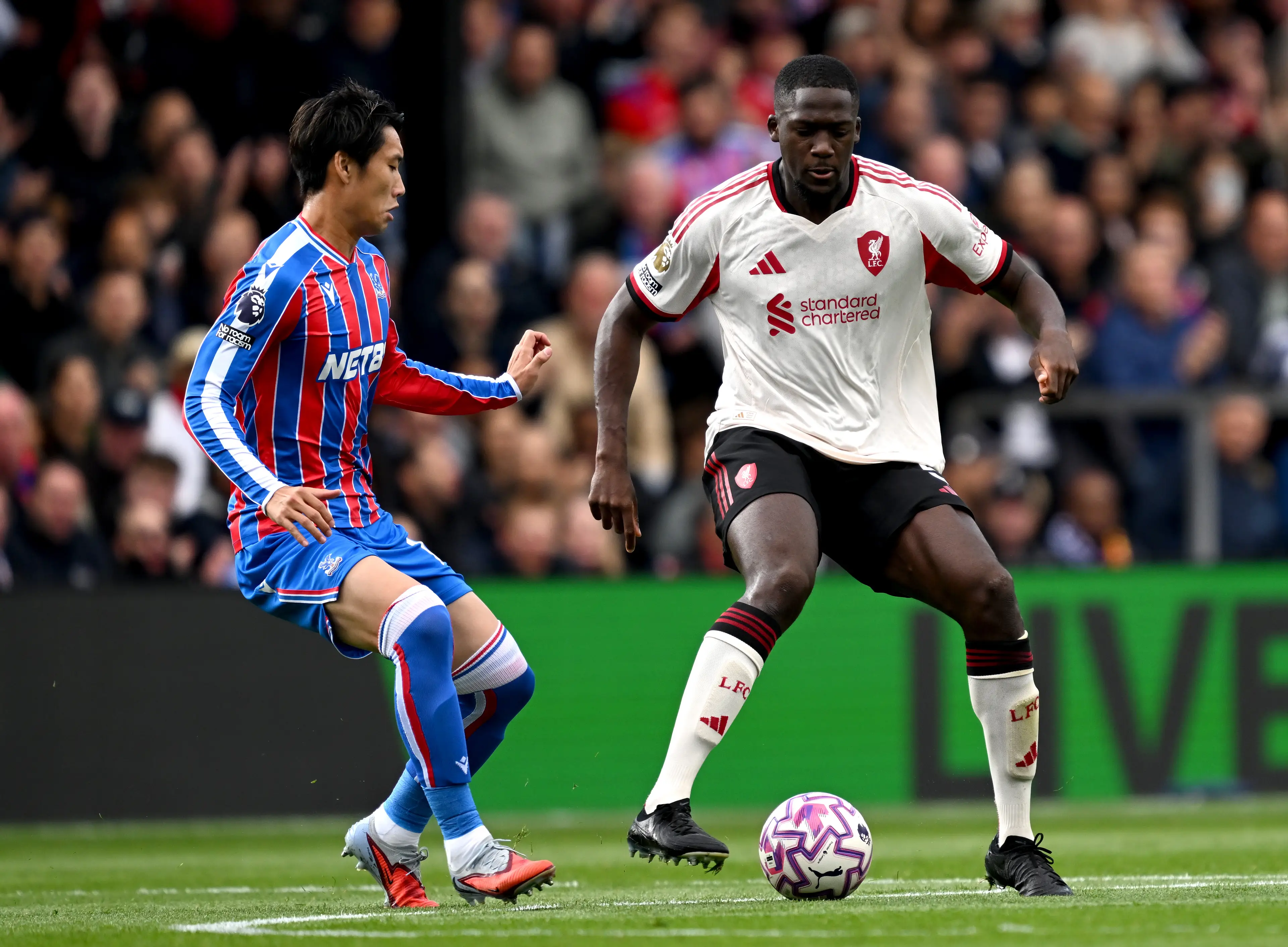Ibrahima Konate endured a tough afternoon against Crystal Palace. Image: Getty