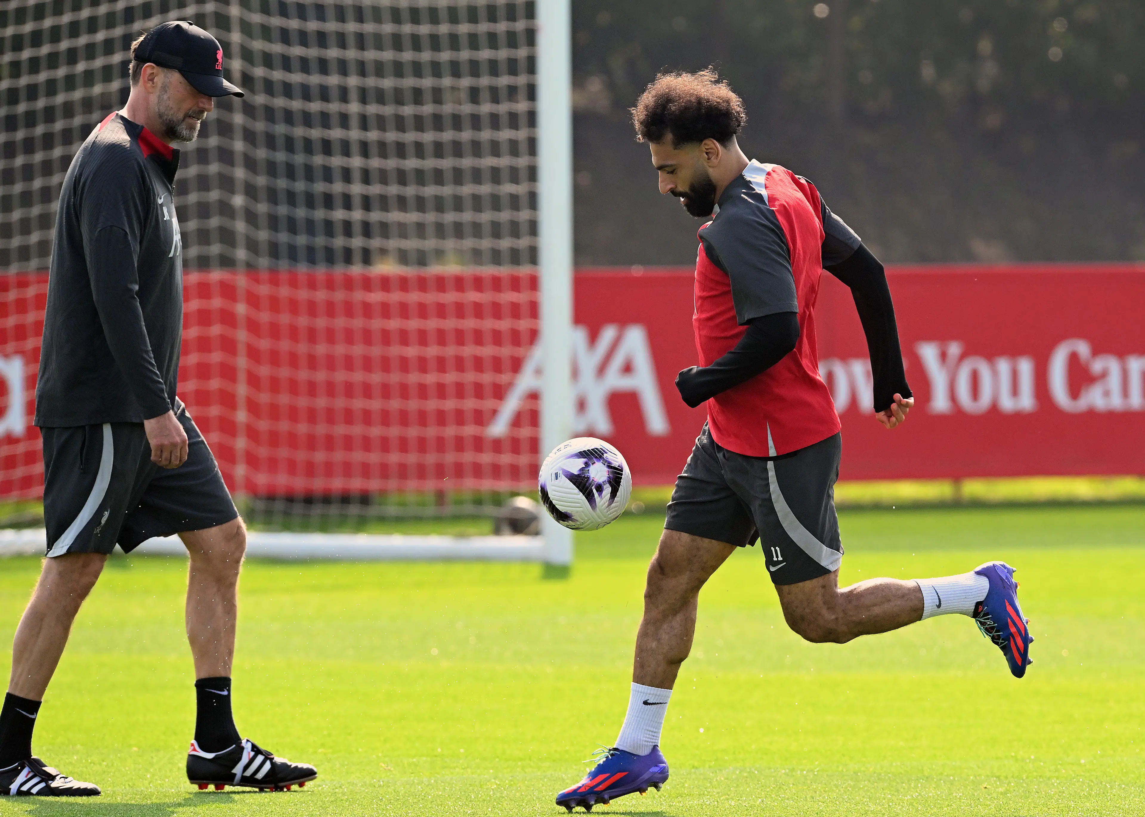 Salah during Jurgen Klopp's final Liverpool training session on May 18, 2024. Image credit: Getty