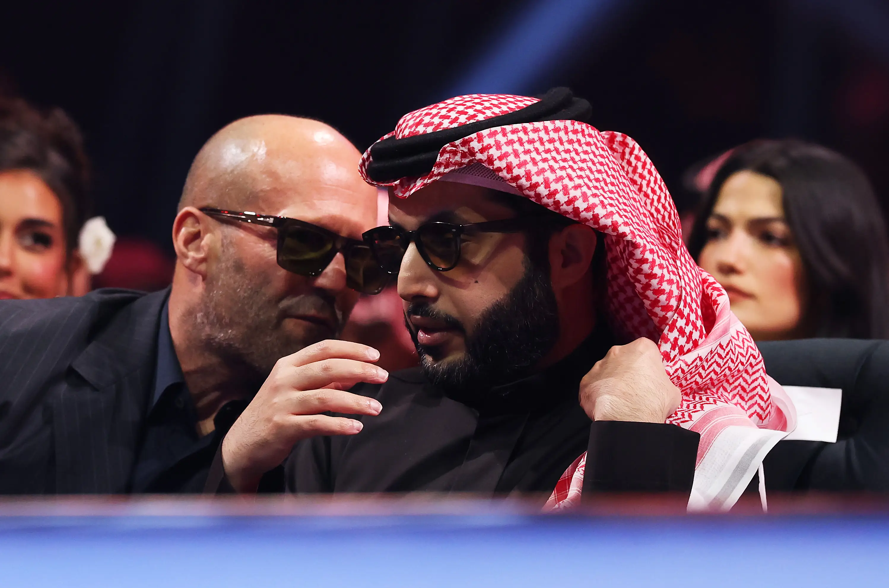 Turki Alalshikh pictured alongside Jason Statham during Oleksandr Usyk v Tyson Fury 2. Image credit: Getty